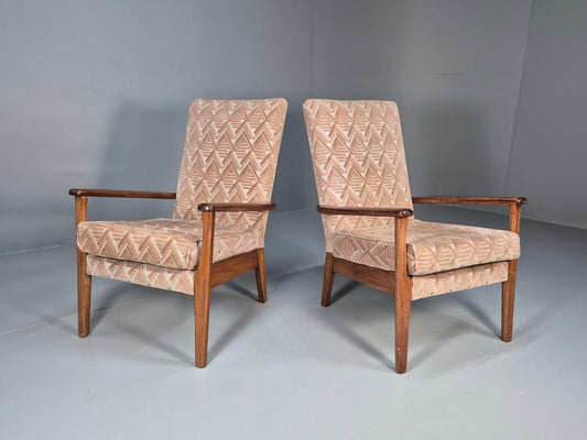 Vintage Parker Knoll Armchairs Pair Deco Pink Fabric Stained Beech EB8866 MCLO - UKDK FURNITURE
