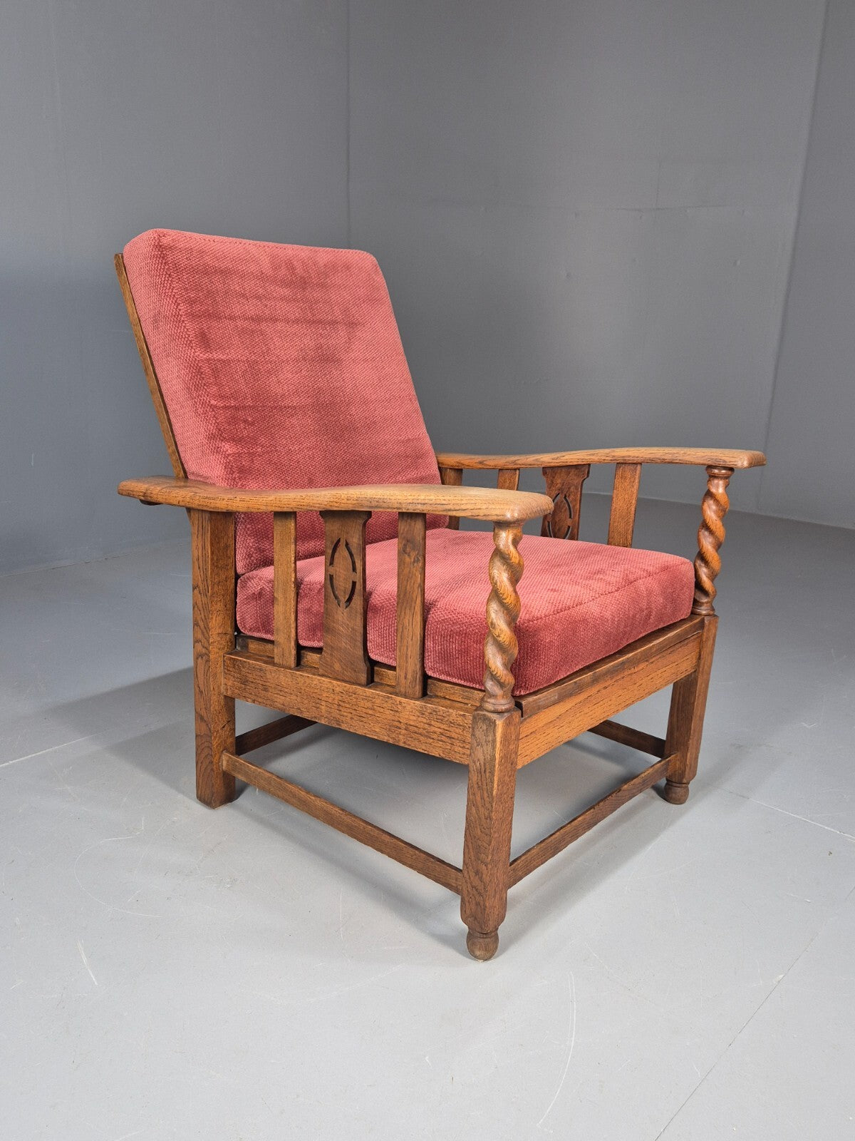 Vintage Antique Oak Reading Chair Deep Red Upholstery 1930s RedEB9457 VCLO - UKDK FURNITURE