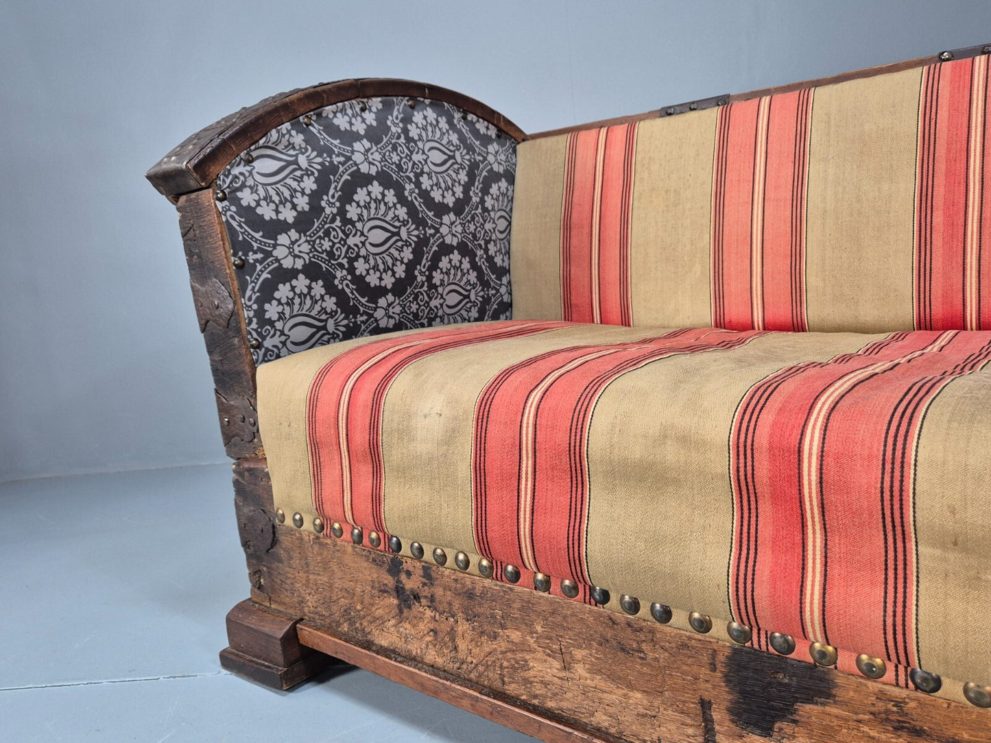 Antique Danish Oak Chest Two Seater Sofa Striped Stamped 19th Cent EB9602 V2SS - UKDK FURNITURE