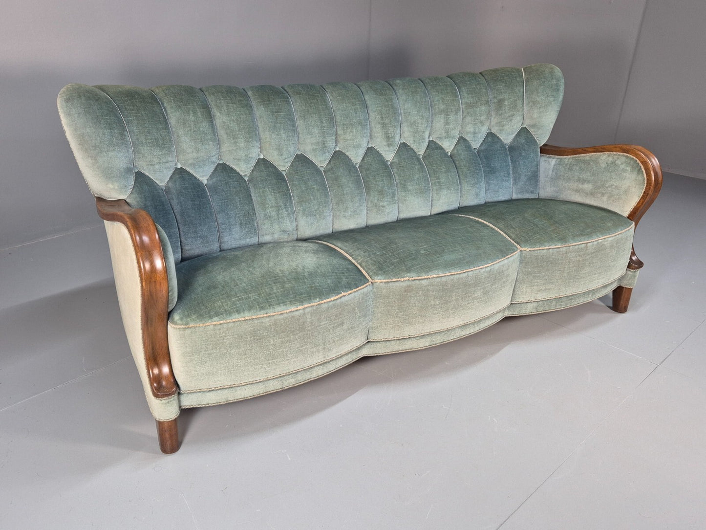 Vintage Danish Art Deco Sofa Blue Velvet Velour Oak Frame Shell Back EB9591 V3SS - UKDK FURNITURE