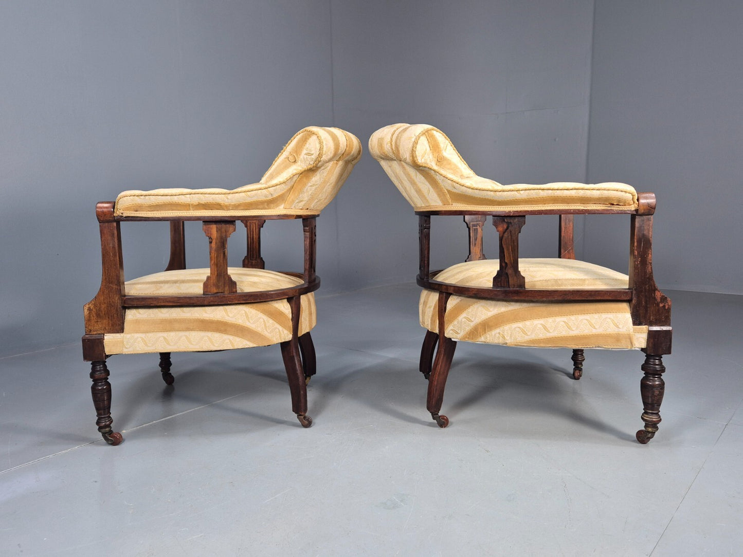 2 Vintage Lounge Chair Gold Stripe Mahogany Inlay Edwardian Revival EB8429 VCLO - UKDK FURNITURE