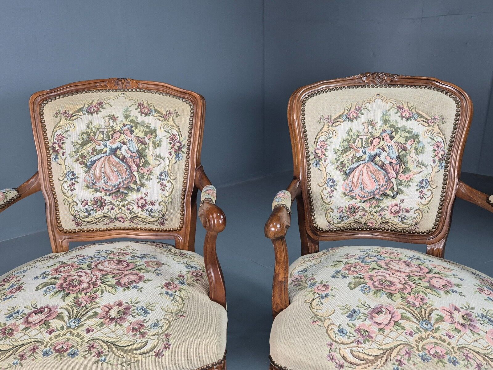 2 Vintage Danish Lounge Chairs Fauteuil Floral Tapestry French Repro EB8077 VCAR - UKDK FURNITURE