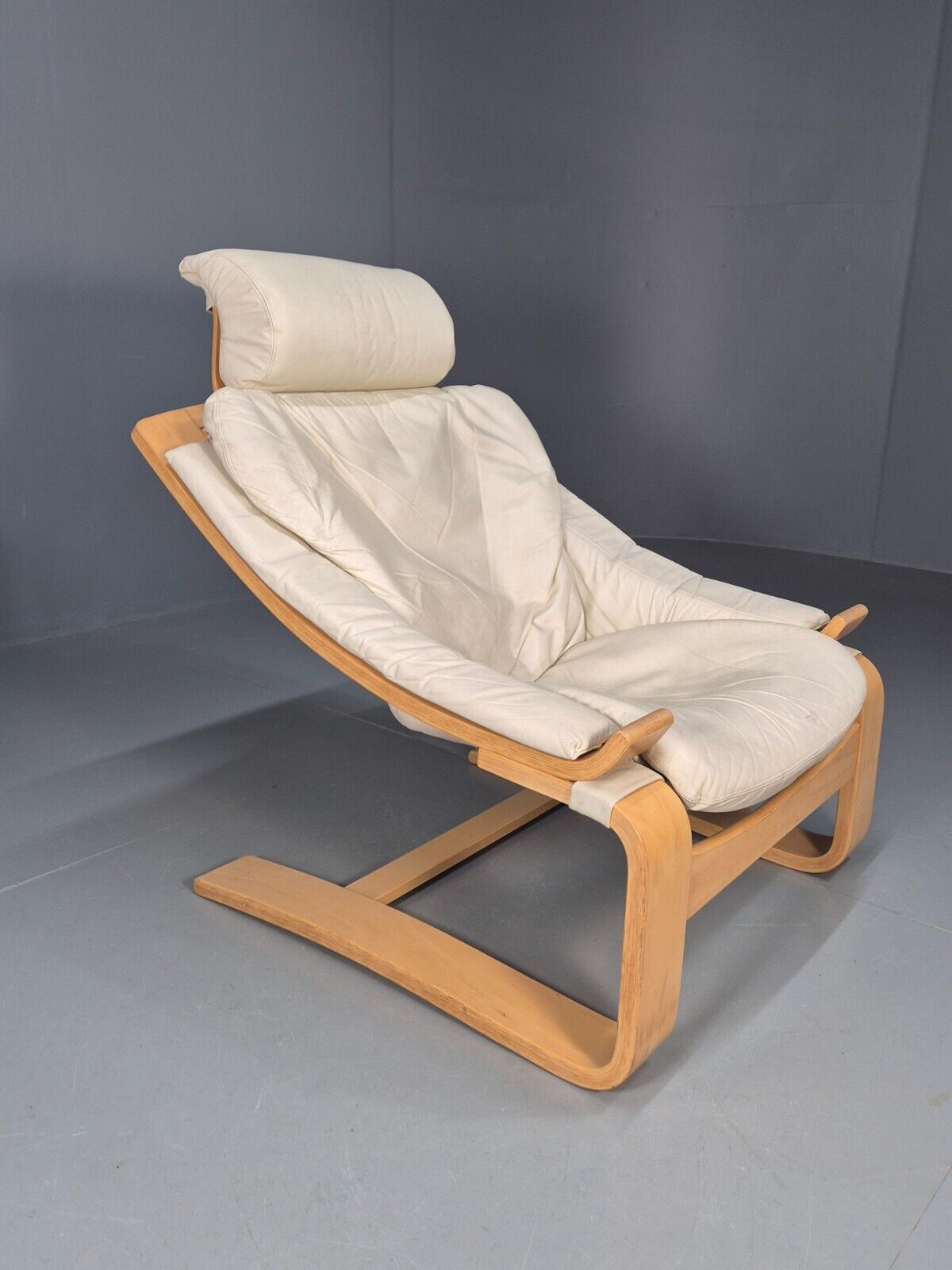 Vintage Swedish Lounge Chair Cream Leather Bentwood Krokken 1970 MCM EB8510 MBEN - UKDK FURNITURE