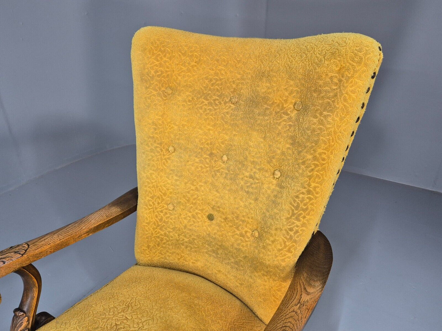 2 Vintage Baroque Armchgairs in Oak and Mustard Moquette 1940s EB9005 VCLO - UKDK FURNITURE