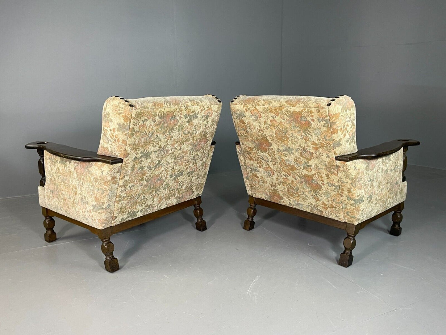 2 Vintage Danish Lounge Chairs Floral Cotton Oak Frame Retro EB6690 MNOR - UKDK FURNITURE
