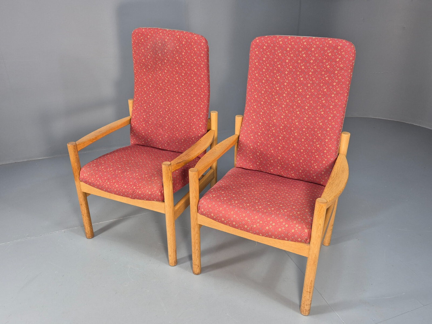 2 Vintage Danish High Back Armchairs Pink and Grey Oak Frame MCM EB9370 MNOR - UKDK FURNITURE