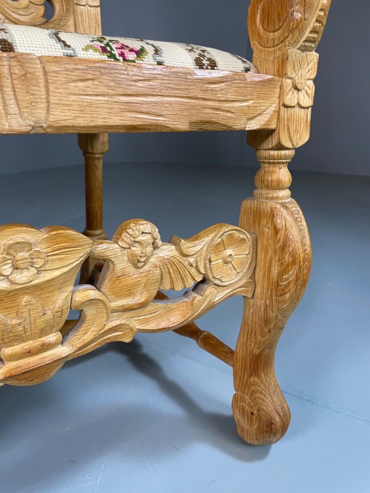 EB5172 2 Vintage Danish Carved Oak Elbow Chairs. Carolean Style, Antique VCAR - UKDK FURNITURE