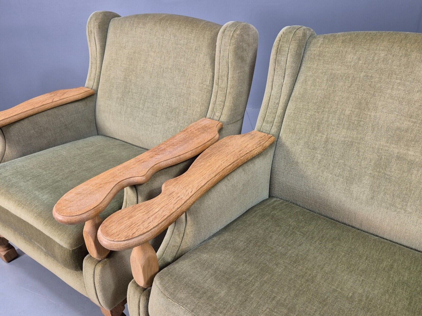 2 Vintage Danish Lounge Chairs Green Oak Frame Kjearnulf Retro 1970s EB8279 MNOR - UKDK FURNITURE