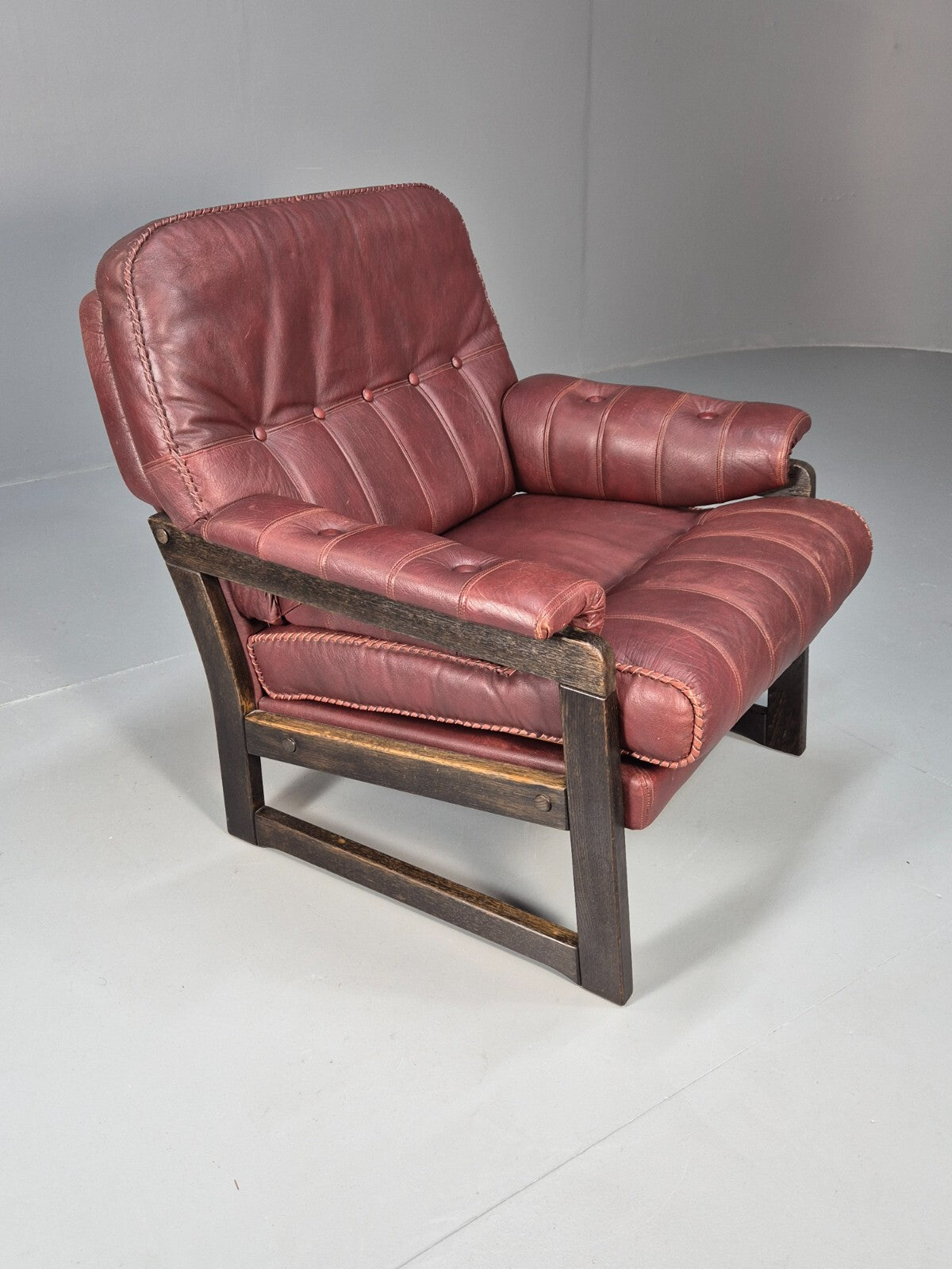 Vintage Danish Burgundy Leather Lounge Chair Stitch Detail 1980s MCM EB9259 MNOR - UKDK FURNITURE