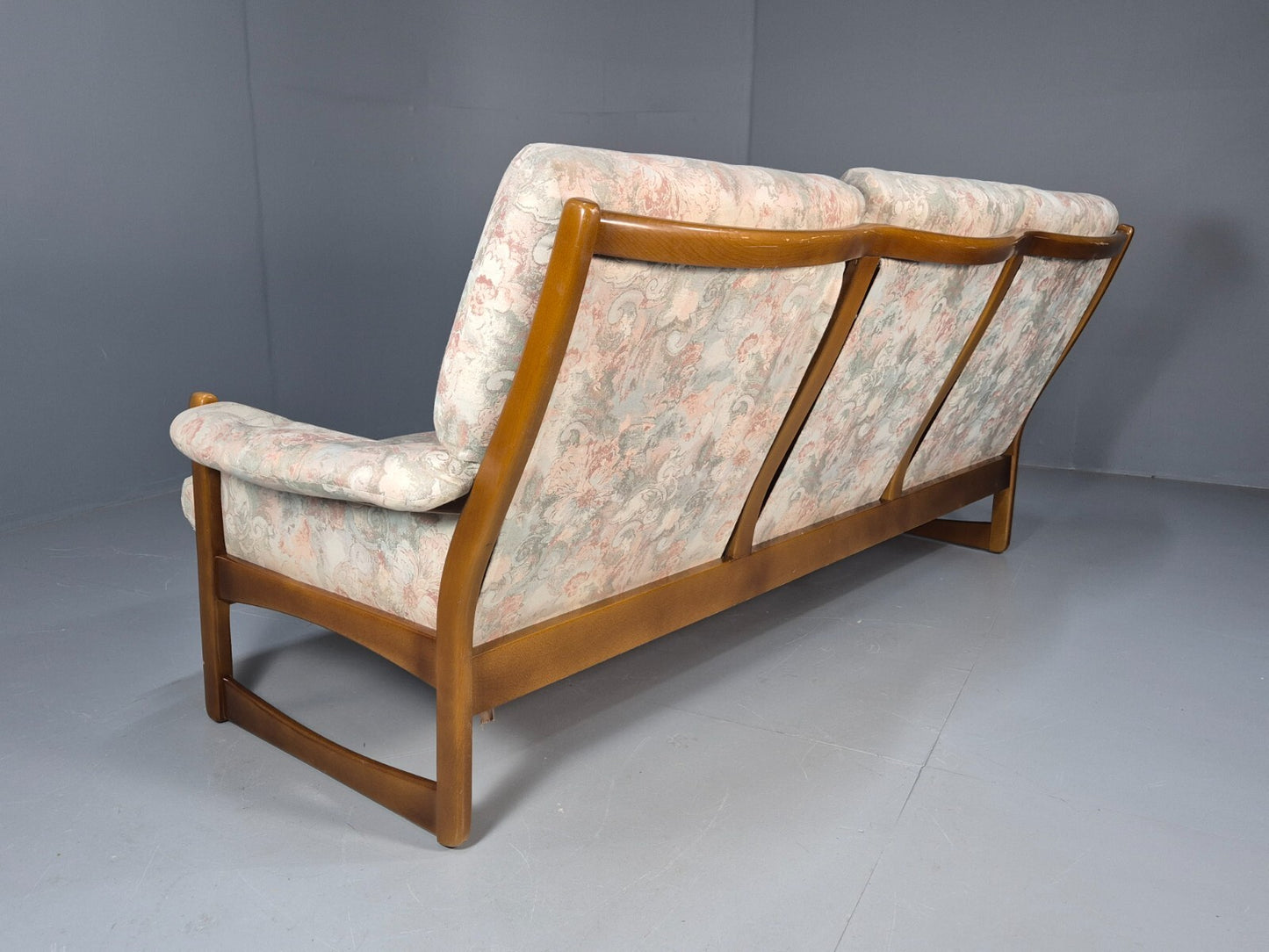 Vintage 1970s Wood Frame 3 Seat Sofa Floral Cotton Upholstery Retro EB9474 M3SS - UKDK FURNITURE