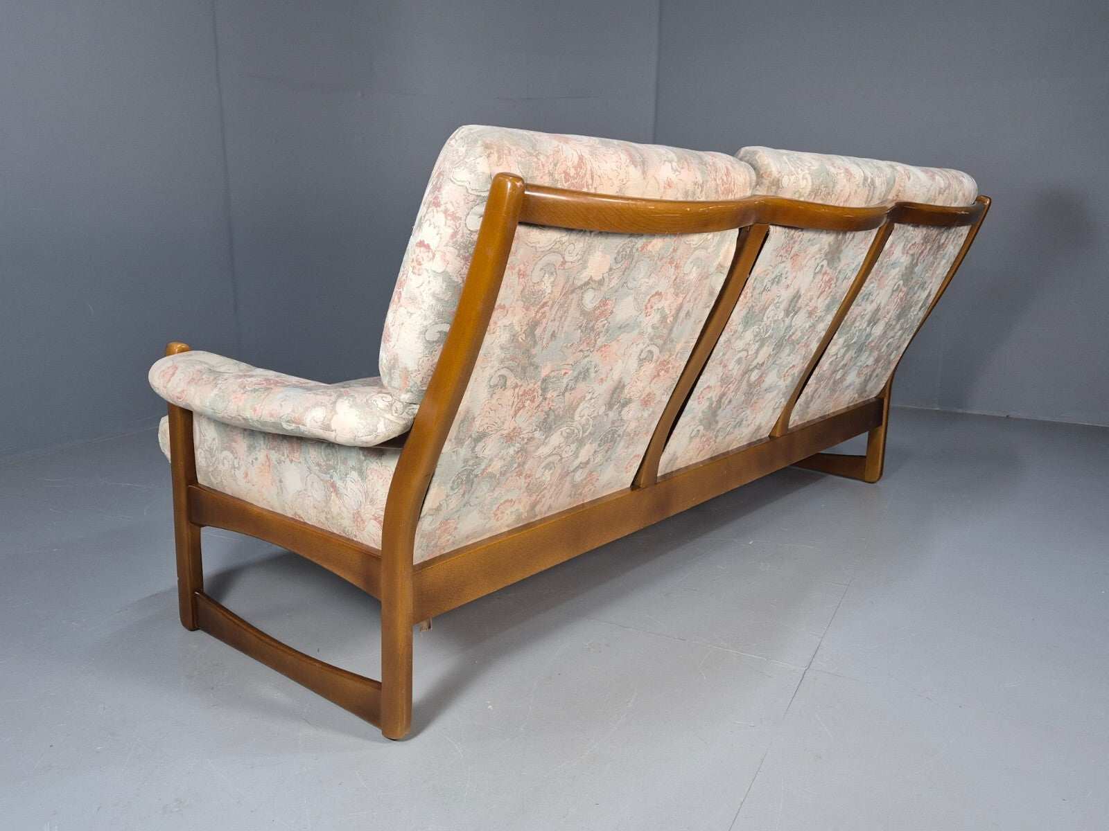 Vintage 1970s Wood Frame 3 Seat Sofa Floral Cotton Upholstery Retro EB9474 M3SS - UKDK FURNITURE