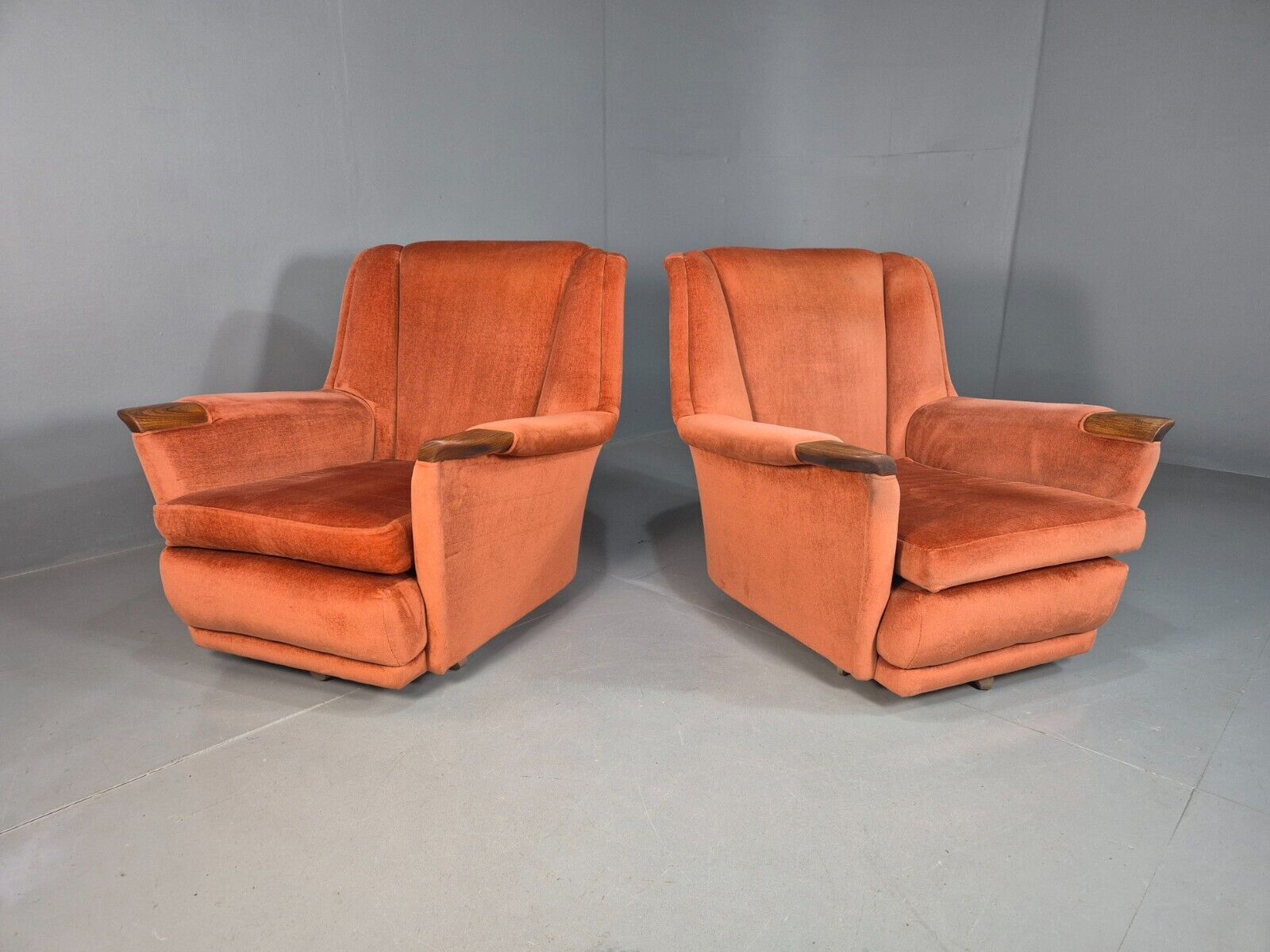2 Vintage Lounge Chairs Pink Velour Teak Paws 1960s Retro EB8203 MNOR - UKDK FURNITURE