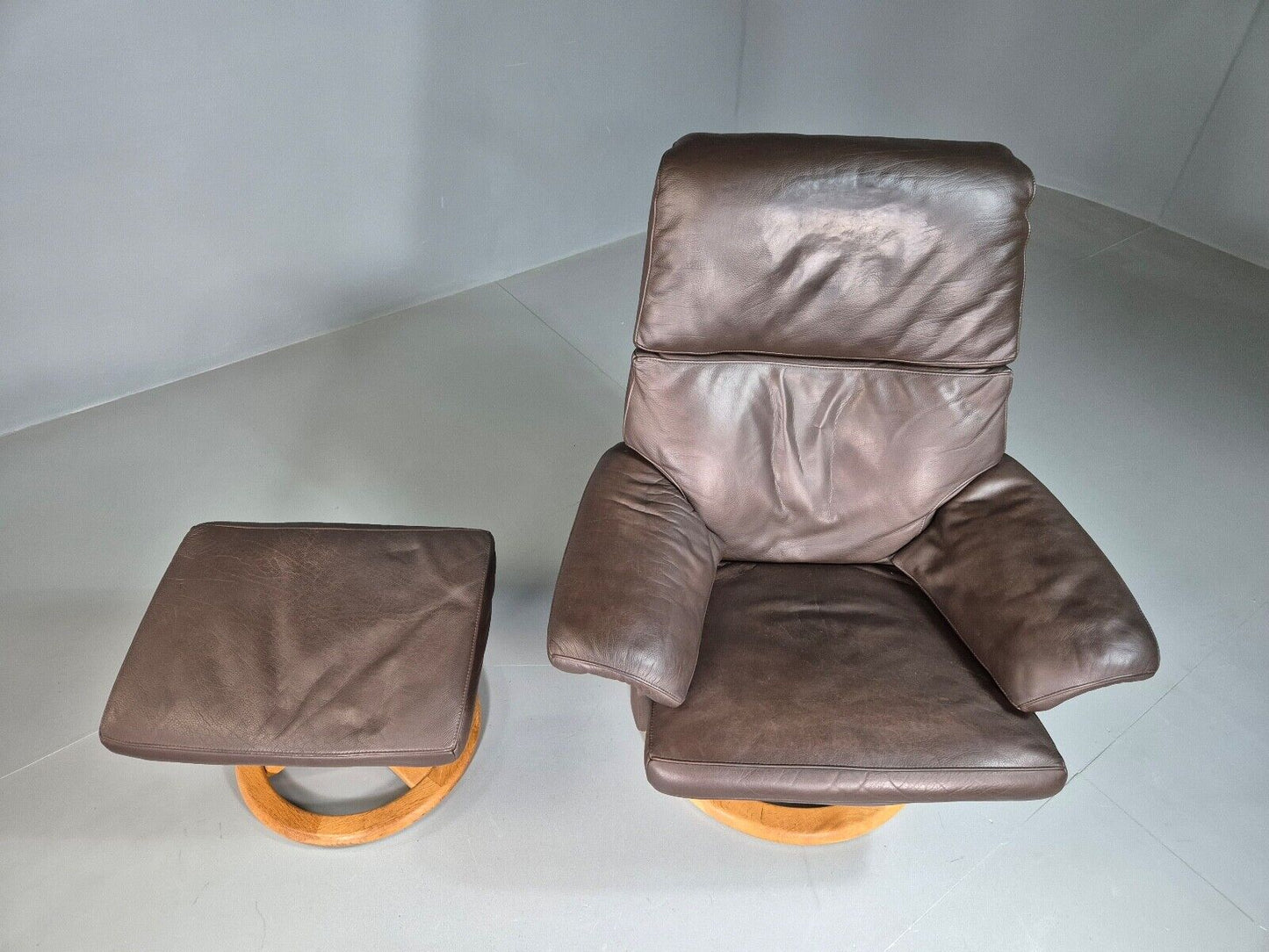 Vintage Danish Swivel Lounge Chair Footstool Brown Leather Retro EB7507 MSWI - UKDK FURNITURE