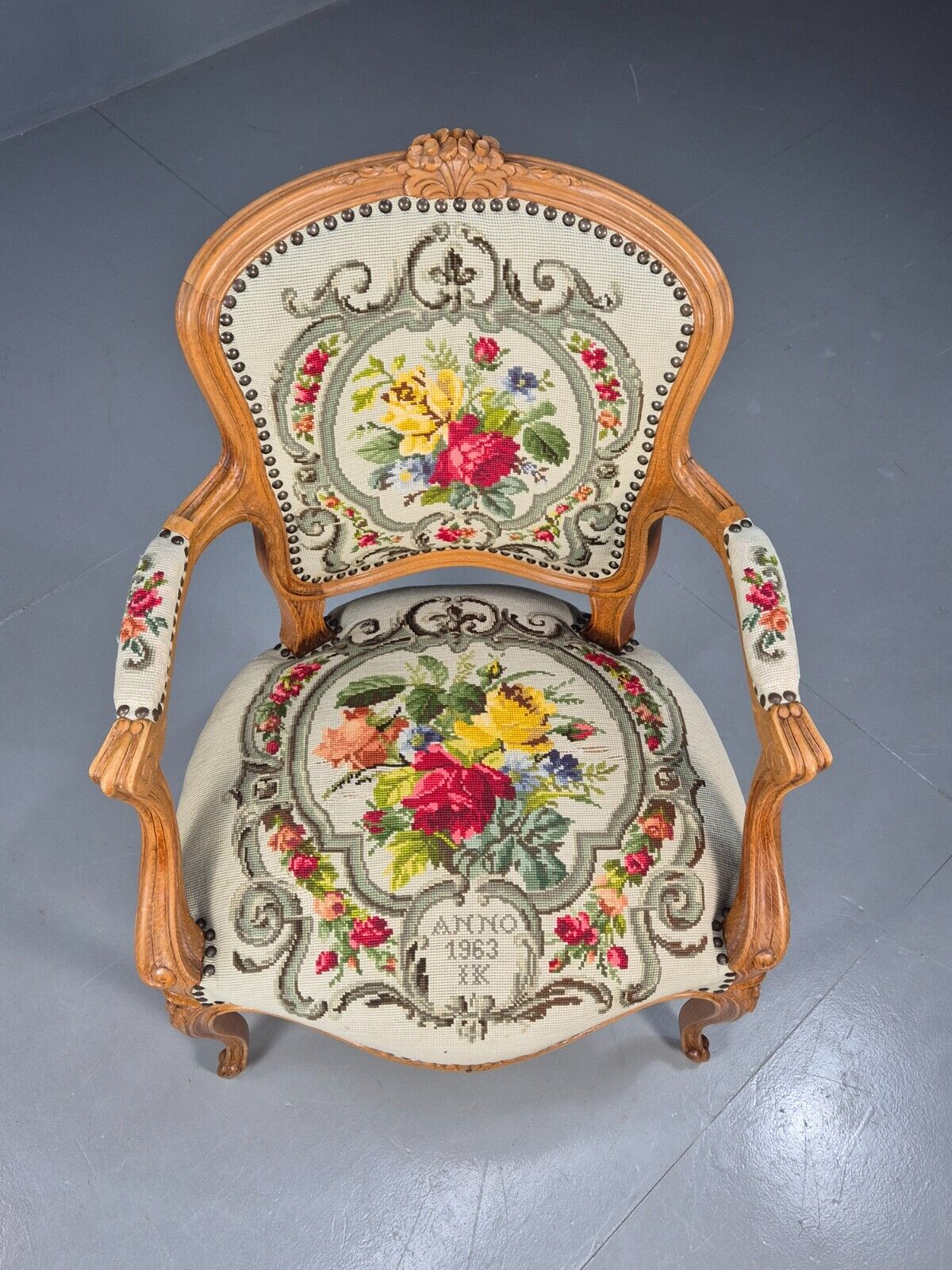 Vintage Danish Fauteuil Chair Embroidery French Antique Style 1963 EB8082 VCAR - UKDK FURNITURE