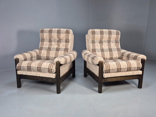 2 Vintage Danish Lounge Chair Brown and Cream Wool Retro 1970s MCM EB8494 MNOR - UKDK FURNITURE