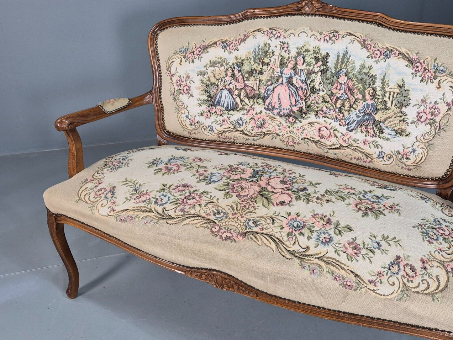 Vintage Danish 2 Seat Open Arm Sofa French Regency Style Embroidery EB8074 V2SS - UKDK FURNITURE