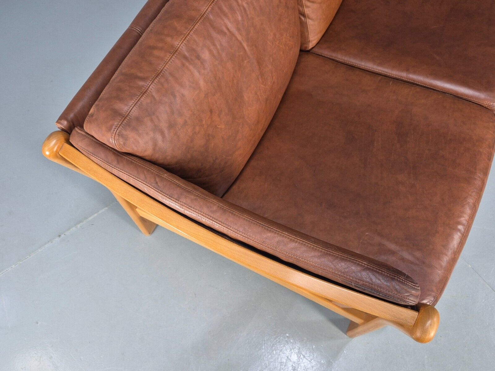 Vintage Danish 3 Seat Sofa Tan Leather Beech Ends Stouby Style MCM EB8751 M3SS - UKDK FURNITURE
