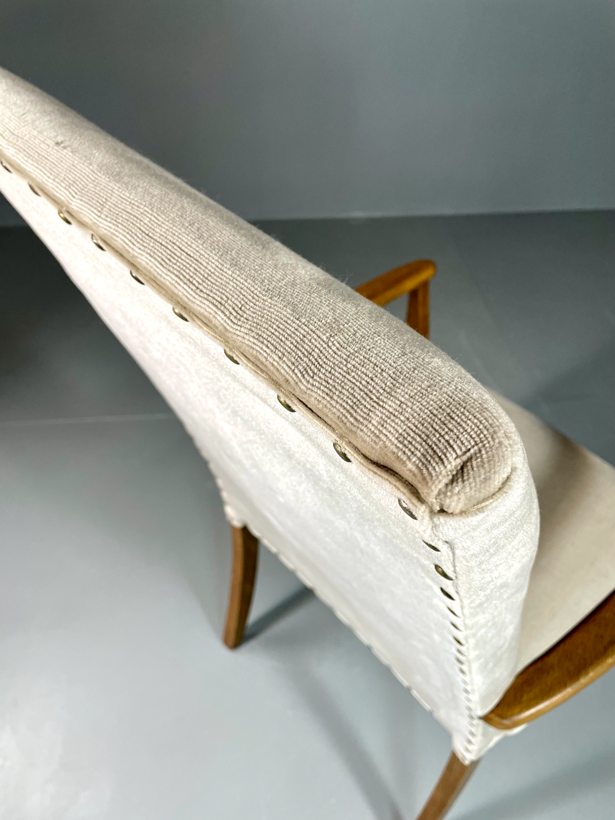 EB6009 Vintage Danish Highback Armchair Cream Velour Studded Seating VCLO - UKDK FURNITURE