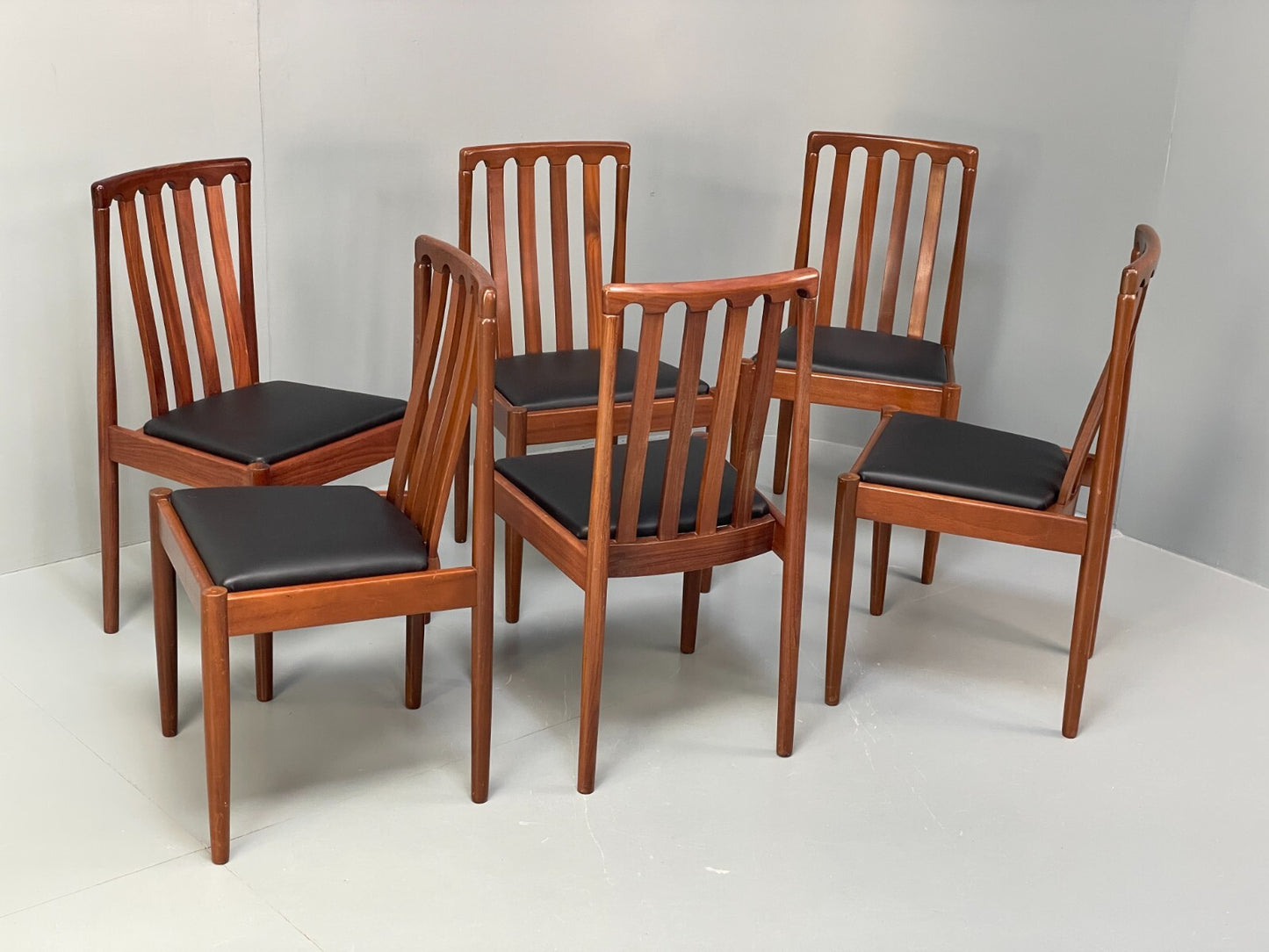 Vintage Meredew Dining Chairs Six Mahogany Teak 1970s Black Vinyl EB9726 MDIN - UKDK FURNITURE