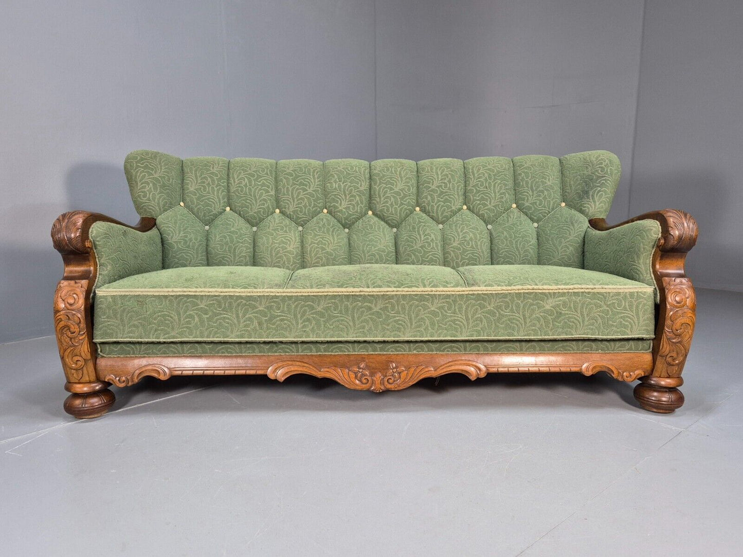 Vintage Danish Art Deco Sofa Oak Frame Green Moquette 1940s Antique EB8953 V3SS - UKDK FURNITURE