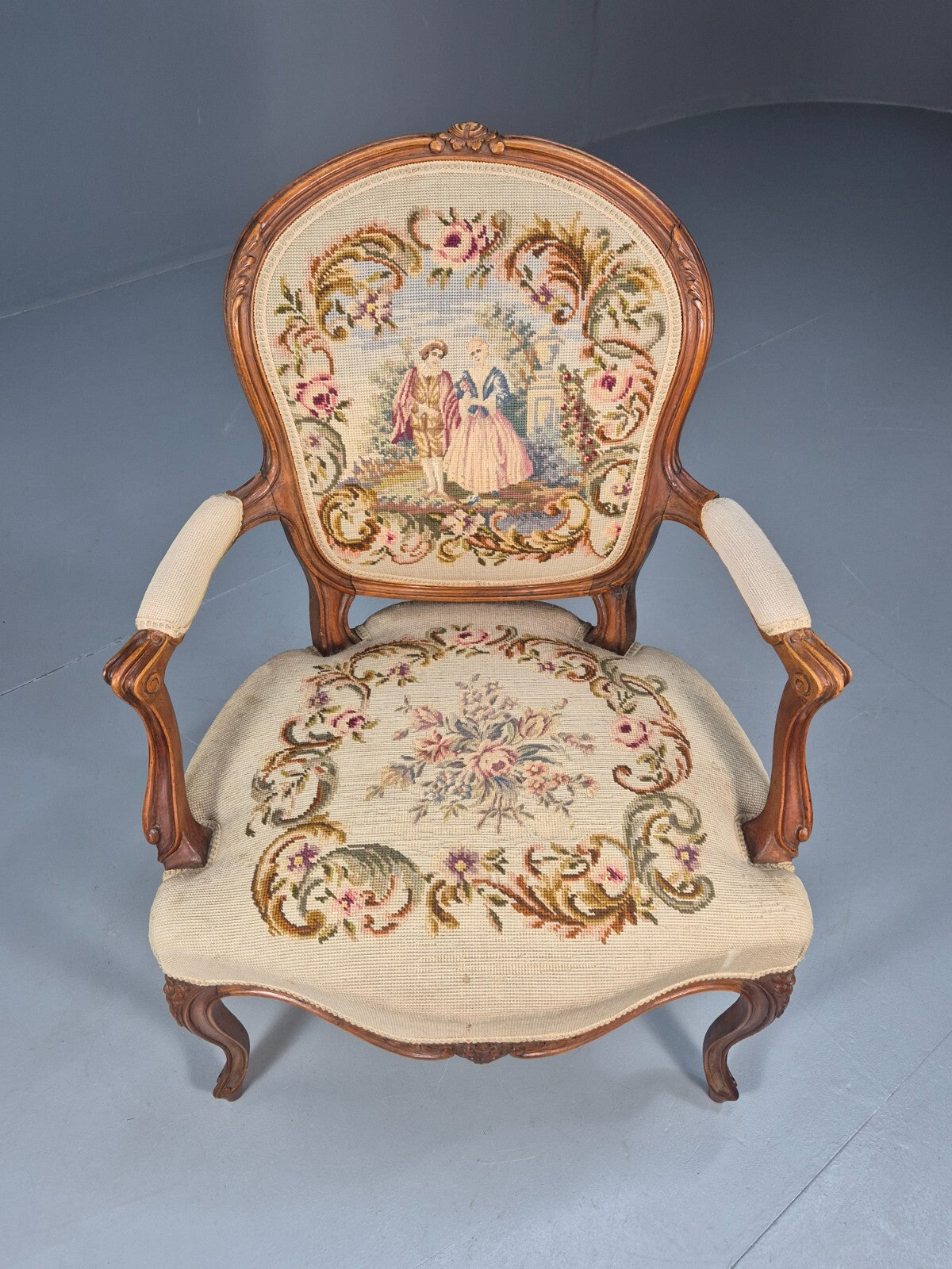 Antique Danish Lounge Chair Embroidered Lovers Tapestry French Style EB9637 VCAR - UKDK FURNITURE