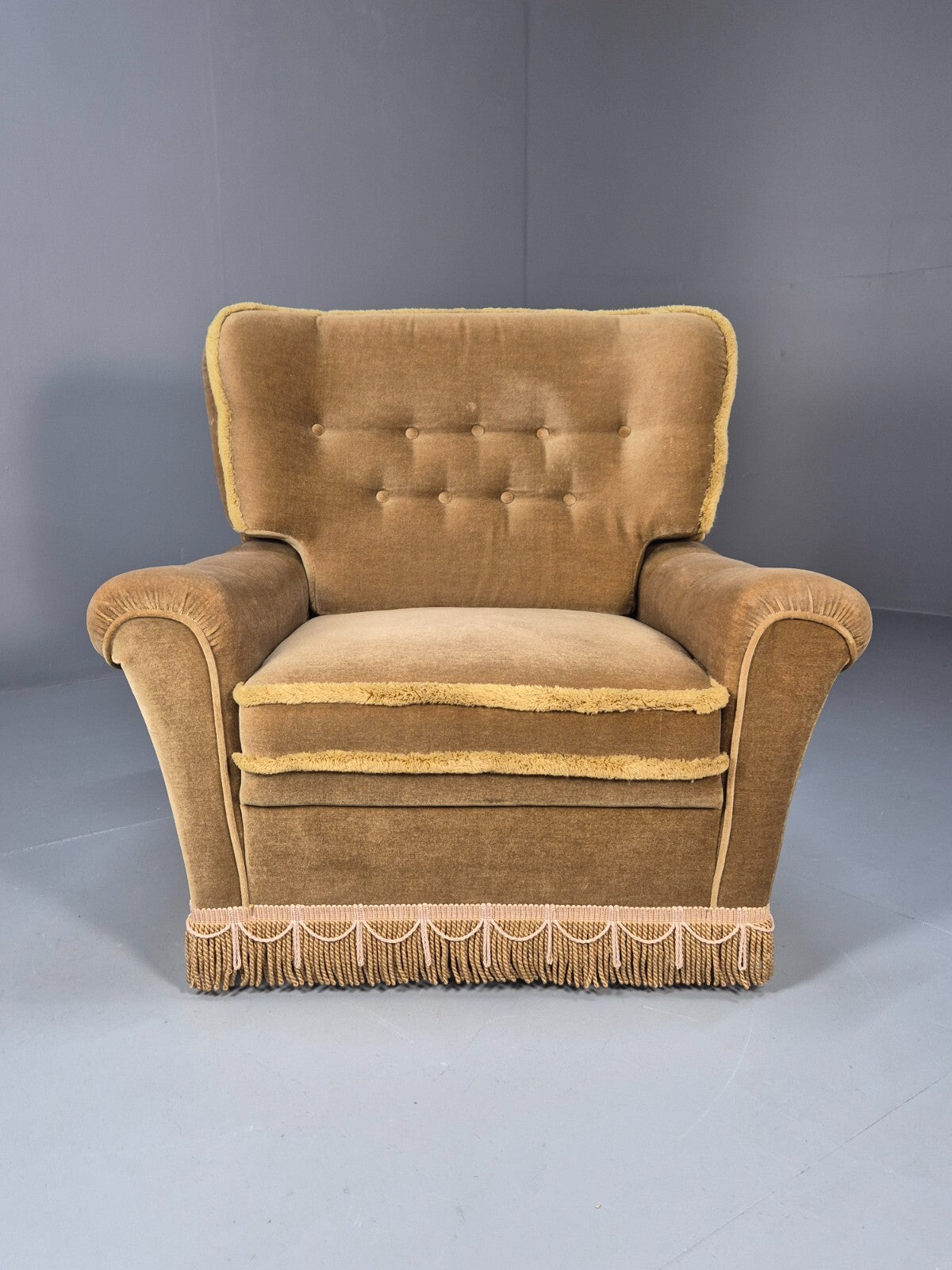 Vintage Gold Velour Danish Lounge Chair Chintzy Kitsch 1970s Retro EB9784 MNOR - UKDK FURNITURE