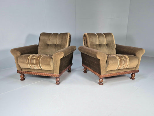 2 Vintage Danish Lounge Chairs Green Velour Oak Frame 1970s Retro EB9027 MNOR - UKDK FURNITURE