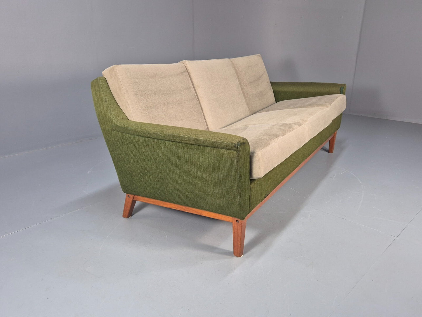 Mid Century 3 Seater Sofa Green Cream Fabric Teak Vintage Scandi EB9794 M3SS - UKDK FURNITURE