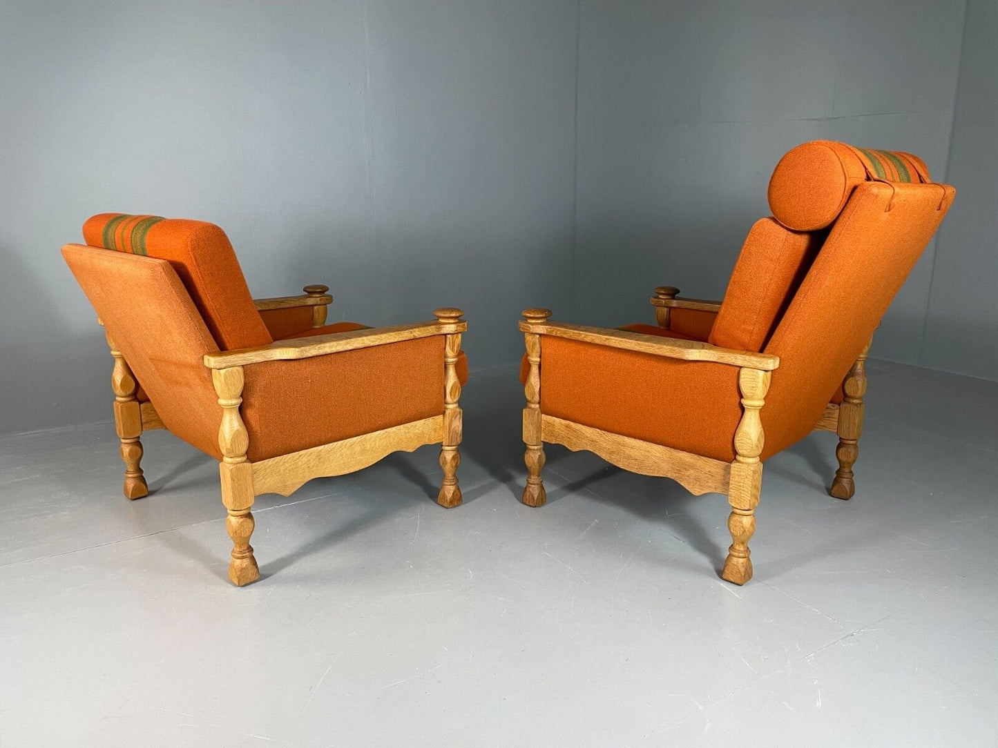 2 Vintage Danish Lounge Chairs Orange Green Oak Kjaernulf Retro MCM EB6716 MNOR - UKDK FURNITURE
