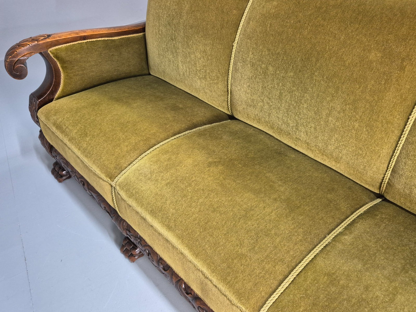 Vintage Danish Baroque Style 3 Seat Settee Green Velour Antique 1920 EB9653 V3SS - UKDK FURNITURE