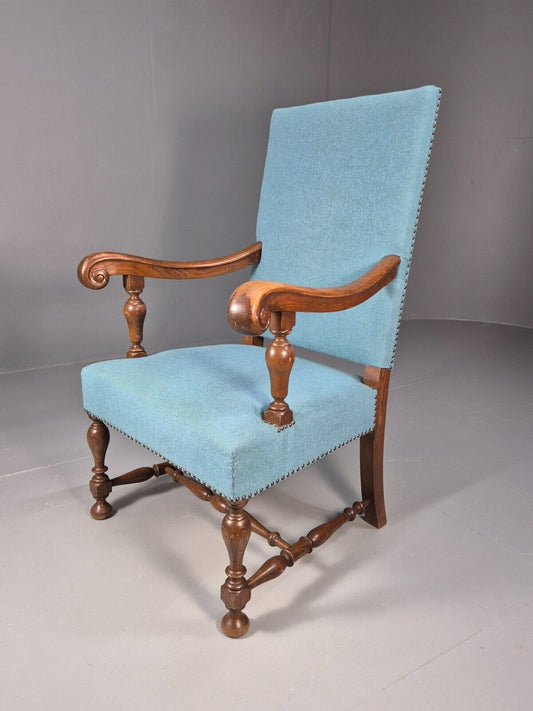 Vintage Danish Armchair Blue Carved Oak 17th Century Antique Style EB8992 VCAR - UKDK FURNITURE