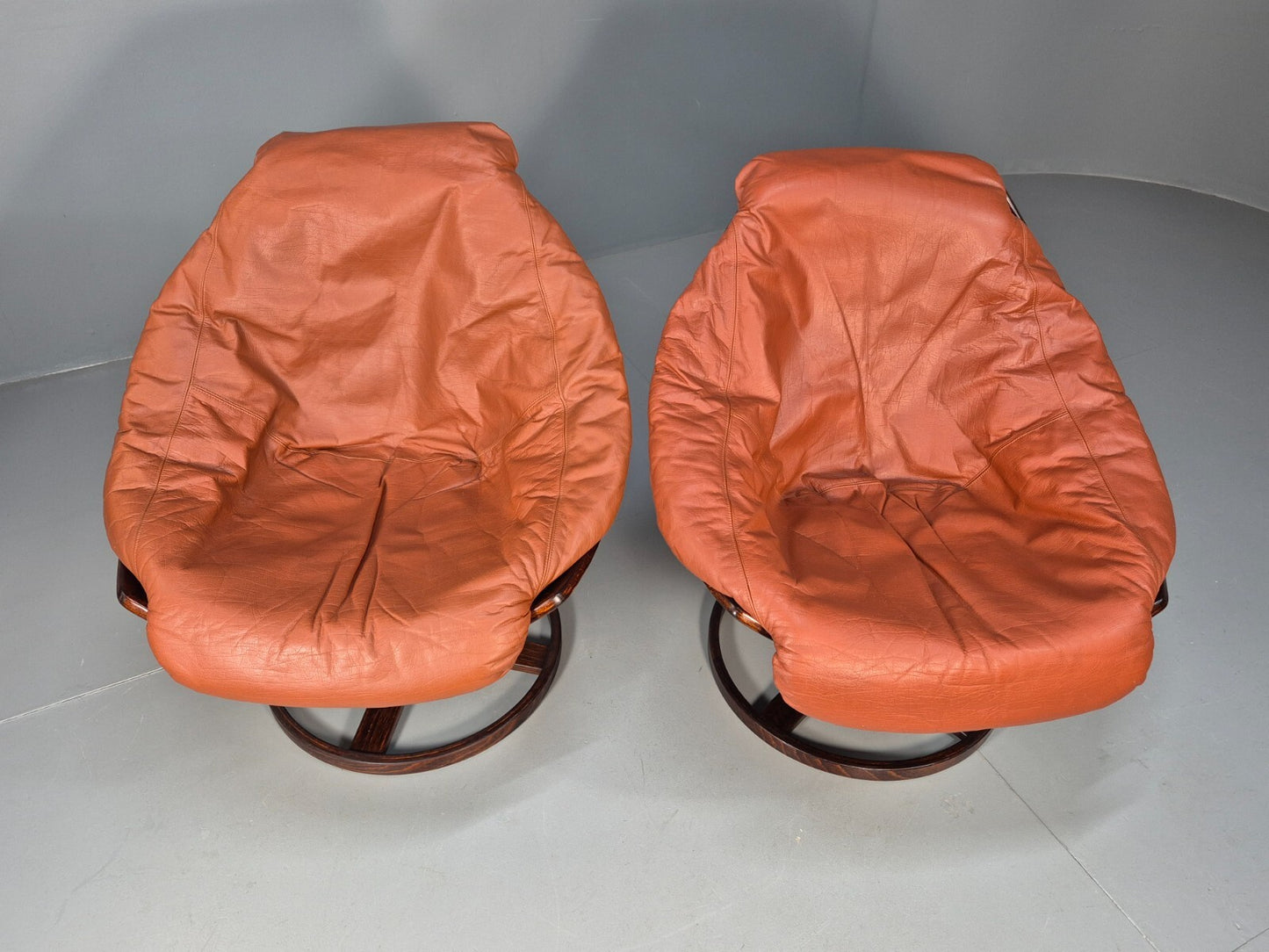 2 Vintage Danish Tan Leather Lounge Chairs Swivel Base MCM Retro EB9299 MSWI - UKDK FURNITURE