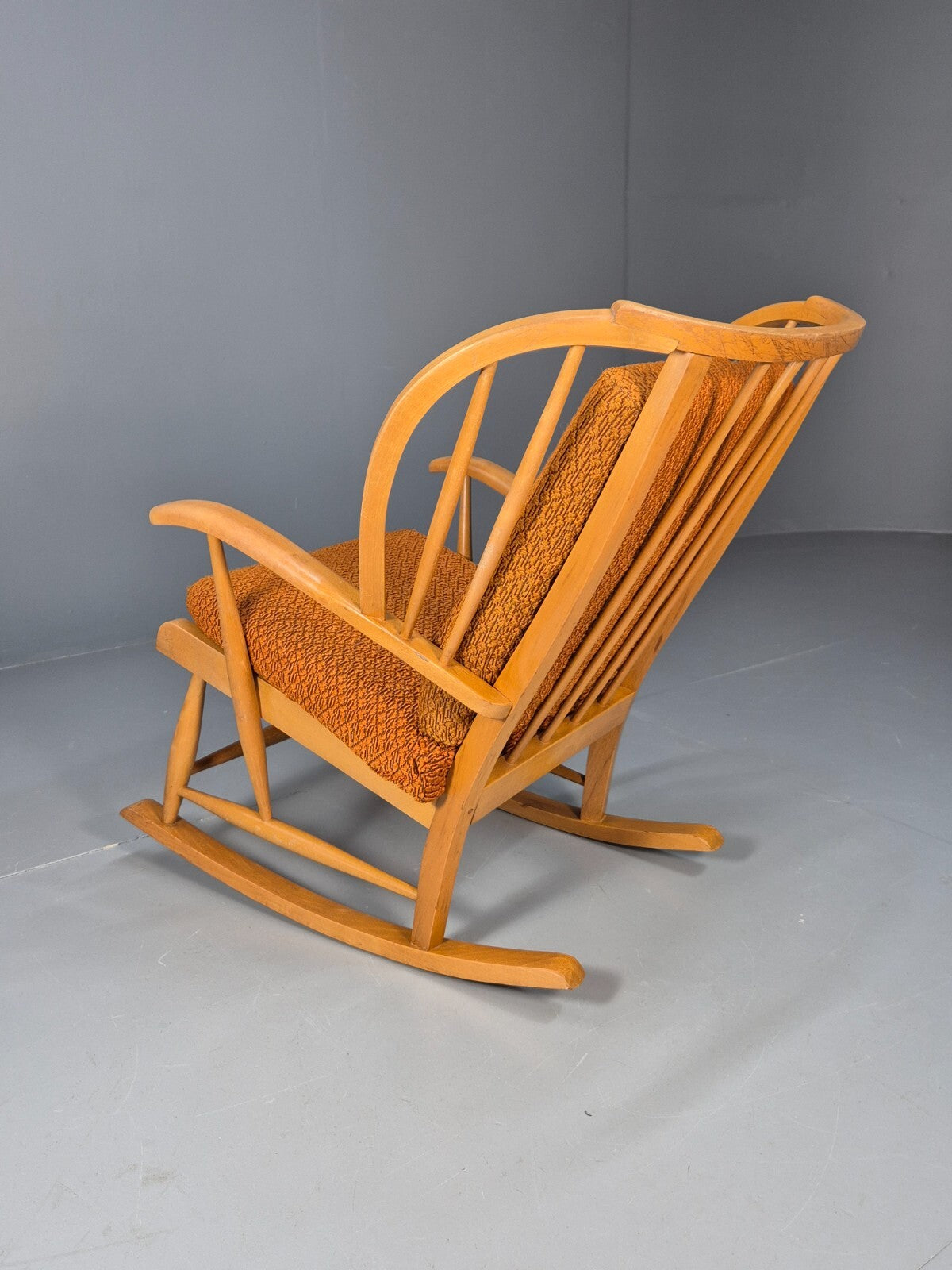 Vintage 1950s Rocking Chair Orange Pattern Fabric Beech Frame Retro EB9481 MNOR - UKDK FURNITURE