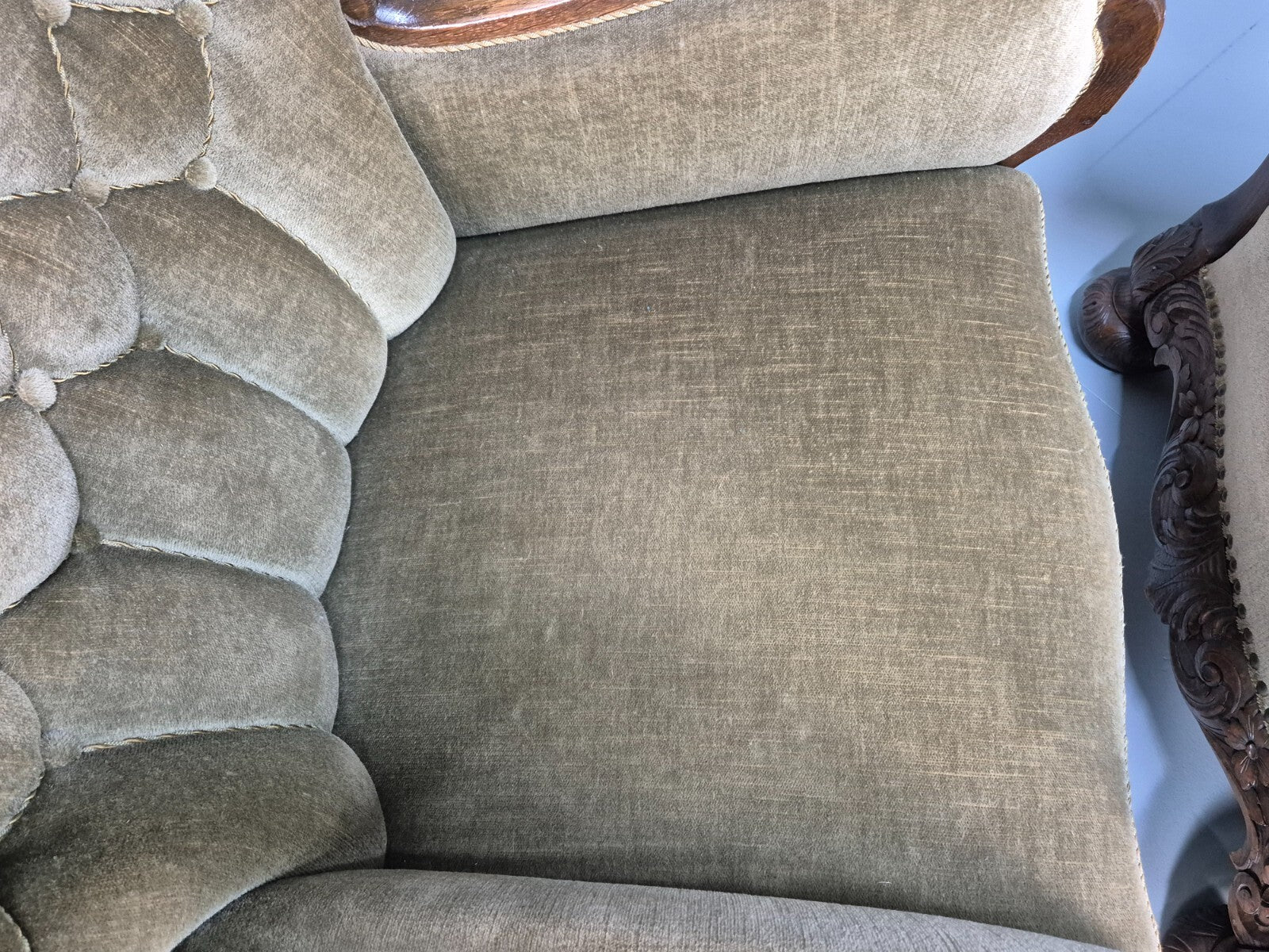 2 Antique Carved oak Danish Lounge Chairs Mink Velour Fan Back 1930s EB9557 VCLO - UKDK FURNITURE