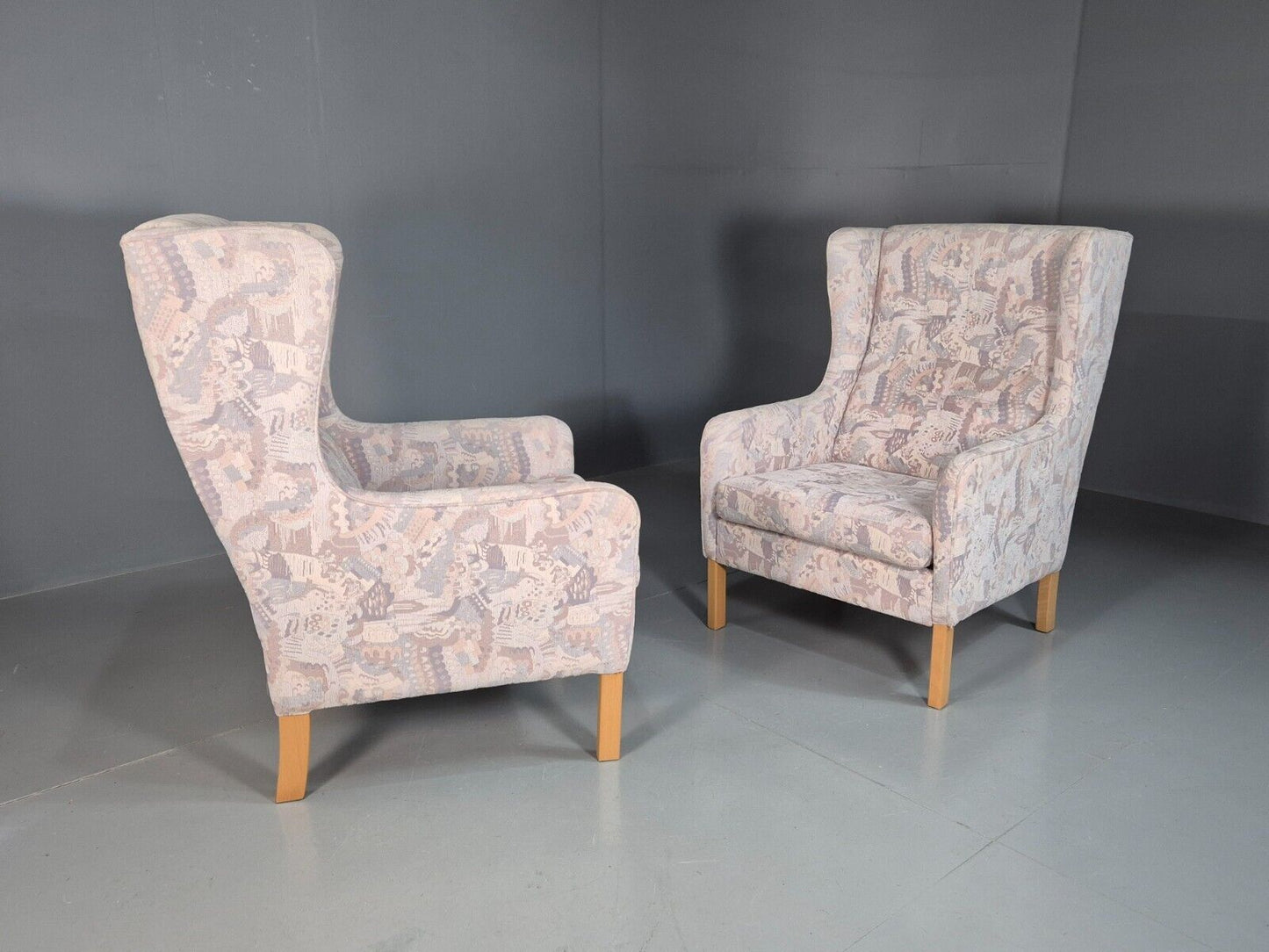 2 Vintage Danish Wing Back Lounge Chairs Cotton 1980s Fabric Retro EB8289 MNOR - UKDK FURNITURE