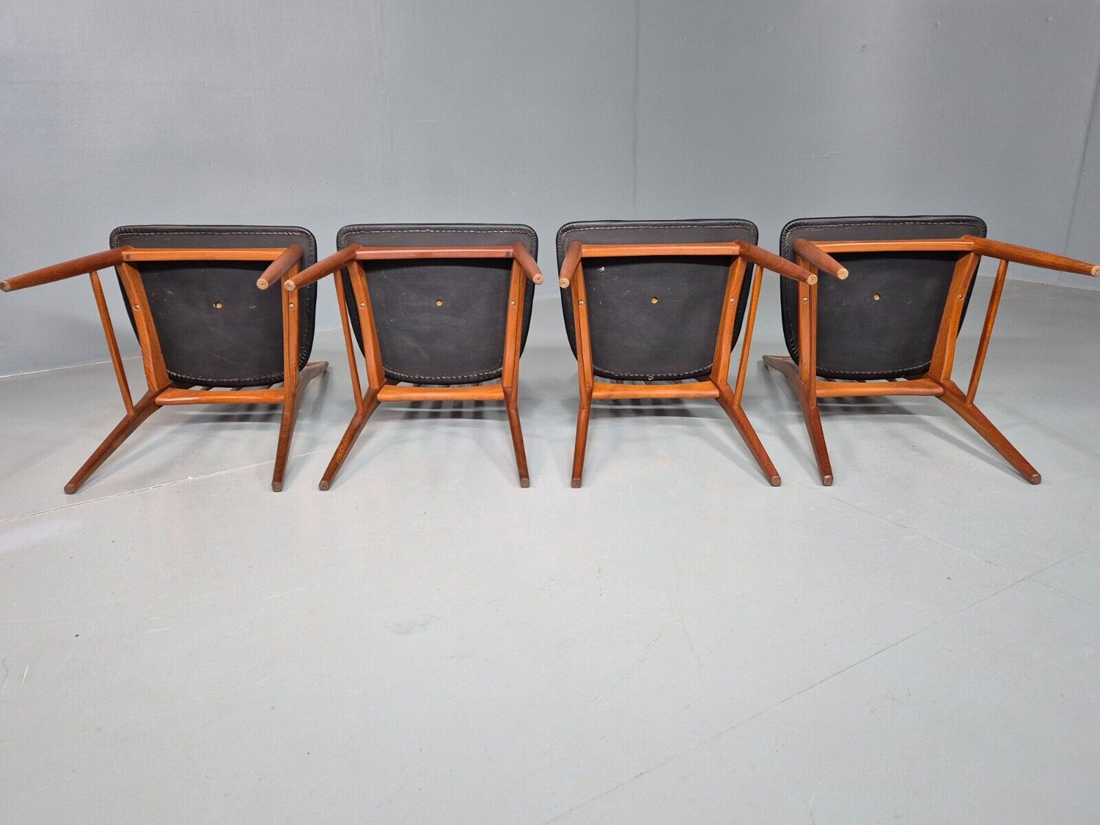 4 Vintage Danish Dining Chairs Black Vinyl Teak Koefoeds Retro MCM EB8433 MDIN - UKDK FURNITURE