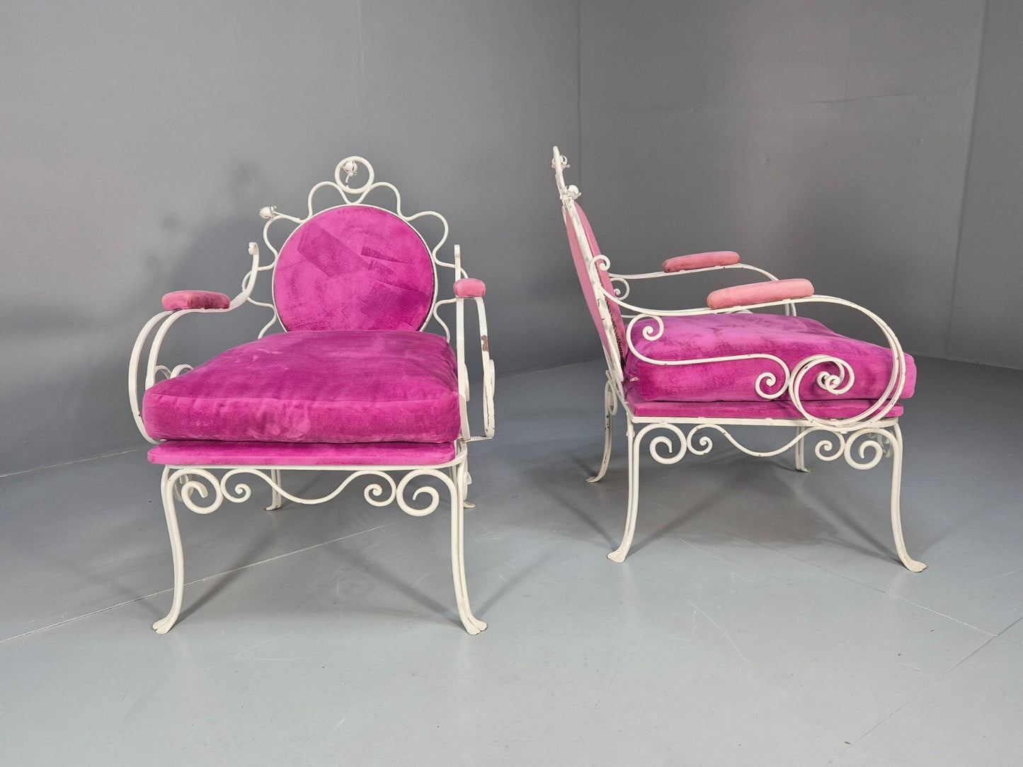2 Vintage Pink Velvet and Wrought Iron 1950s Chairs French Orangery EB9677 VCLO - UKDK FURNITURE