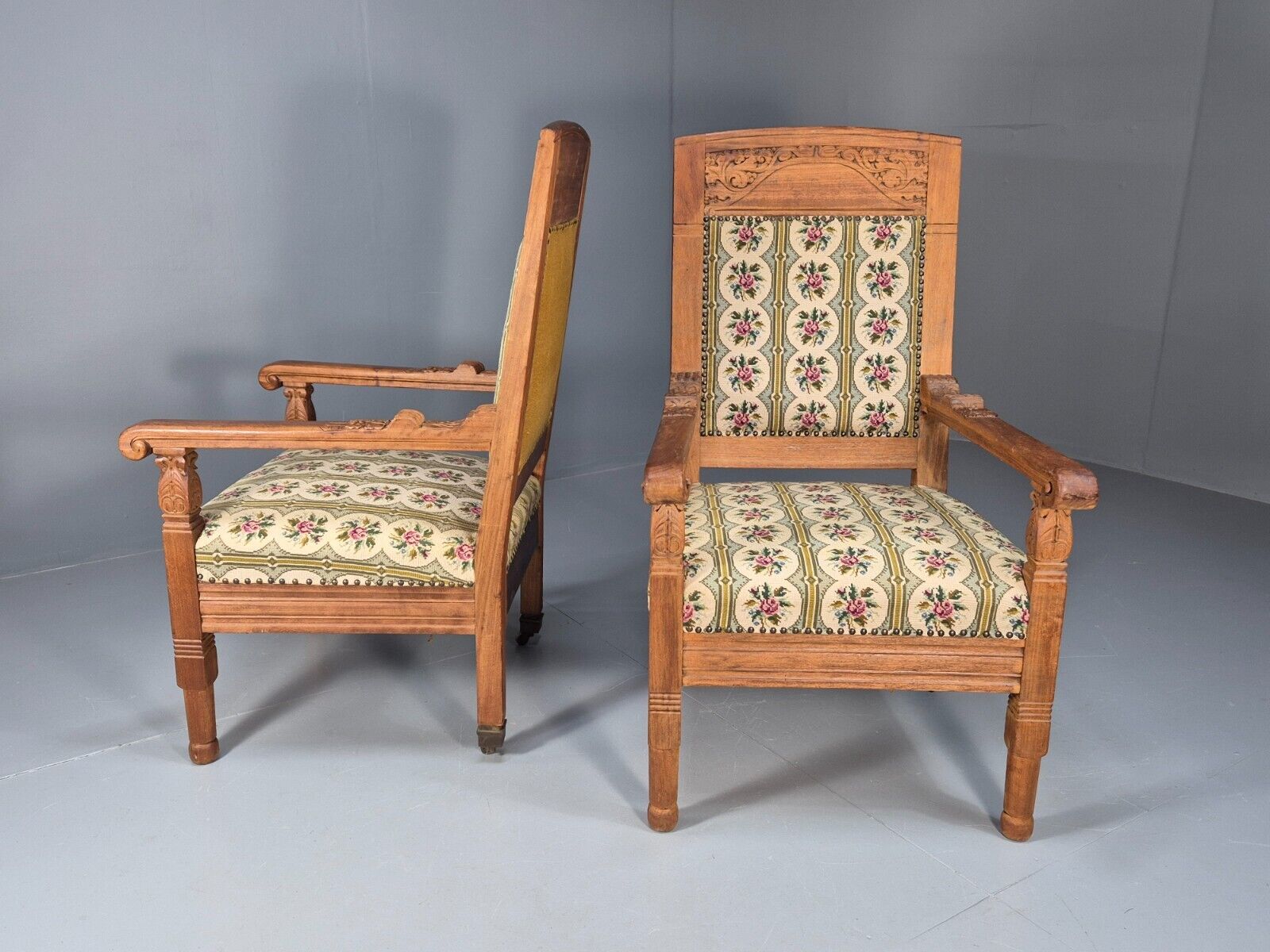 2 Vintage Danish Lounge Chairs Floral Embroidery Oak Frame Antique EB8916 VCAR - UKDK FURNITURE