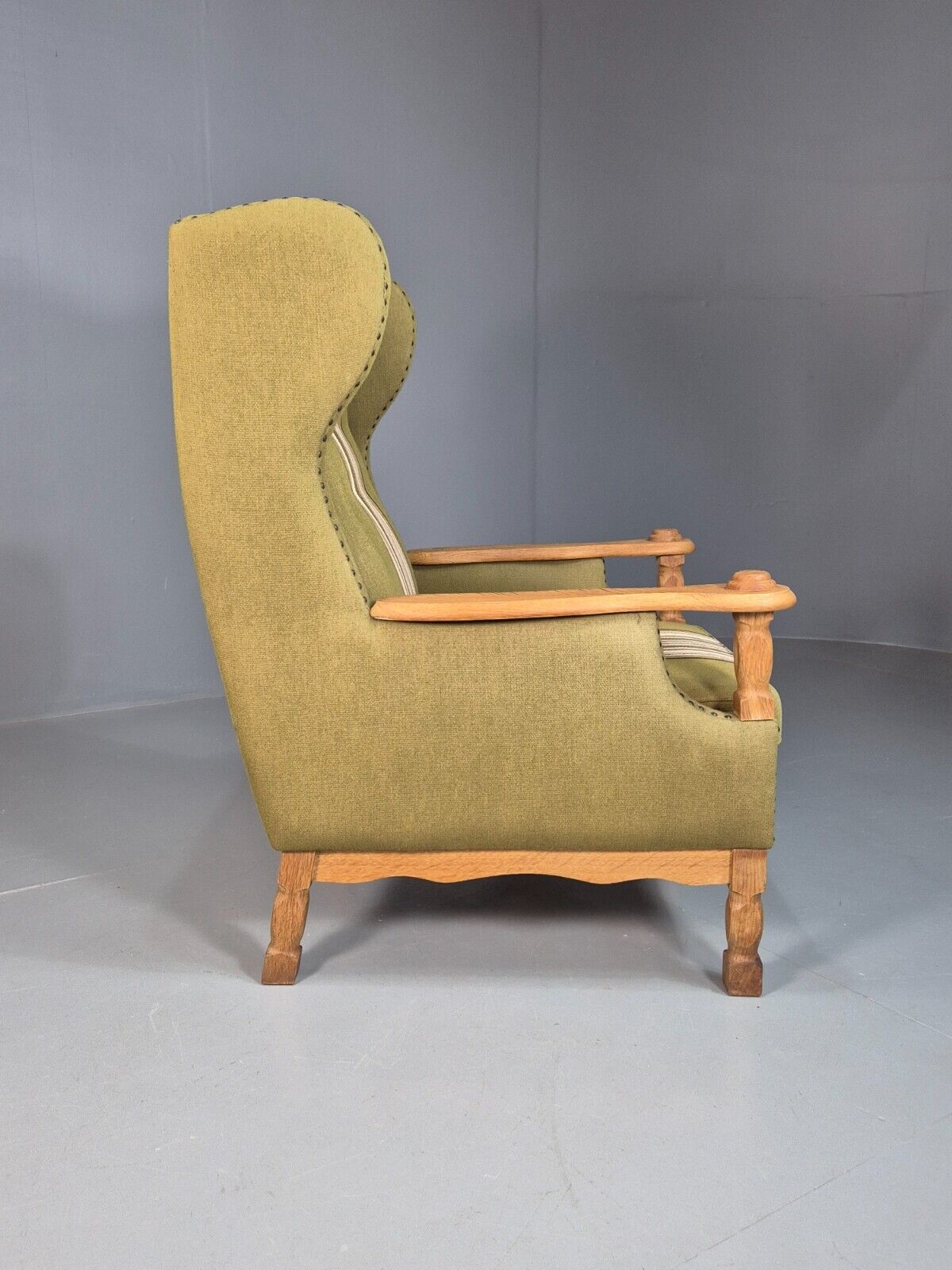 Vintage Danish Green Striped Wingback Armchair Oak Studded Skippers EB8044 MNOR - UKDK FURNITURE