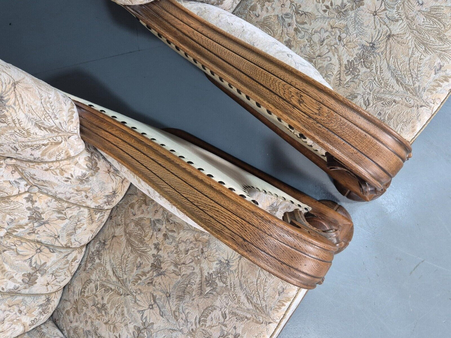 2 Vintage Danish Lounge Chair Floral Cotton Oak Detailing Antique Deco 1920 VCLO - UKDK FURNITURE
