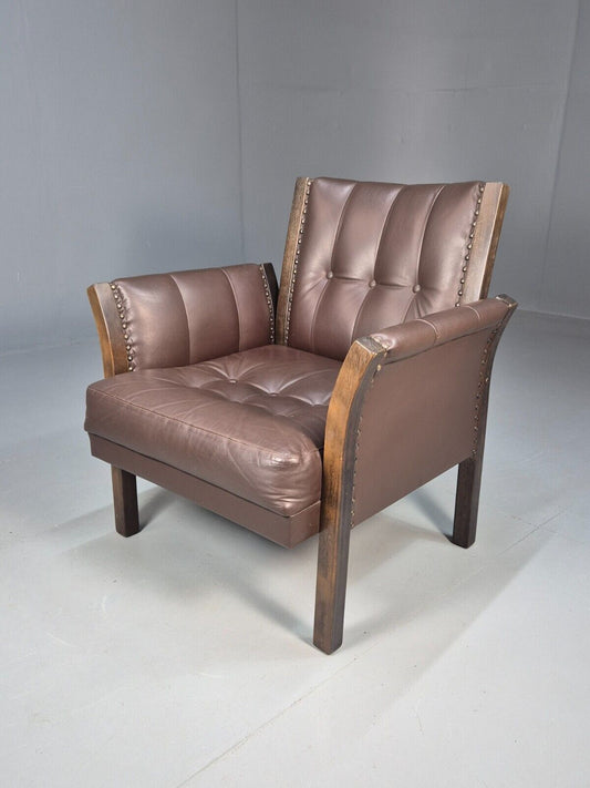 Vintage Danish Lounge Chair Brown Leather Beech Frame Antique Style EB8493 VLEA - UKDK FURNITURE