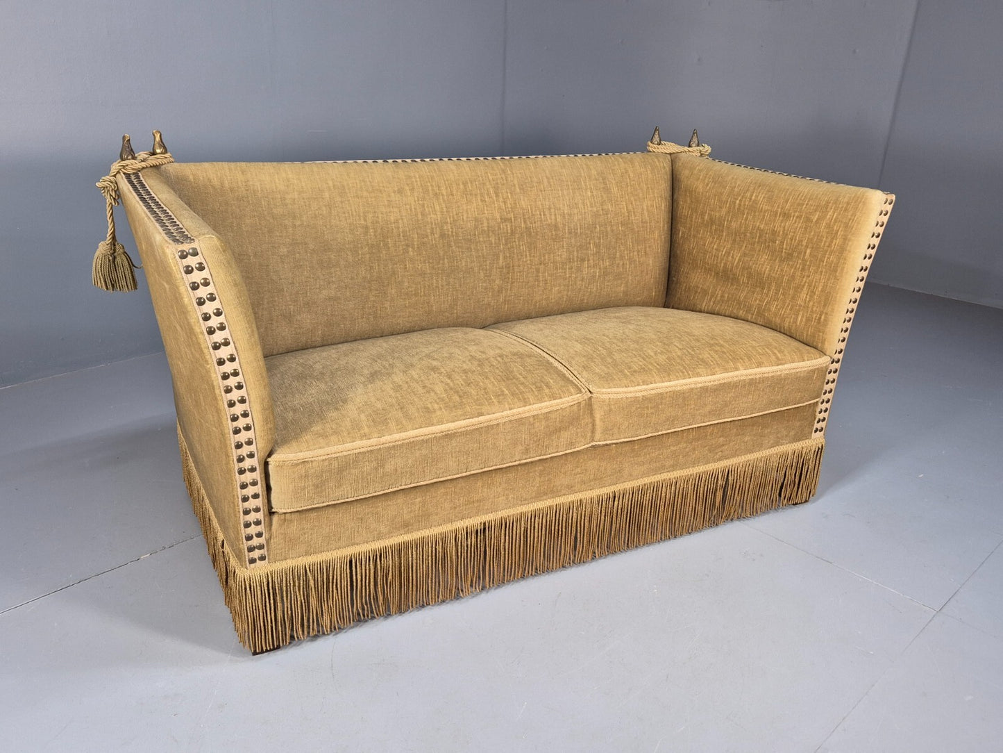 Vintage Two Seater Sofa Green Velour Studded Tassels Danish Design EB9549 V2SS - UKDK FURNITURE