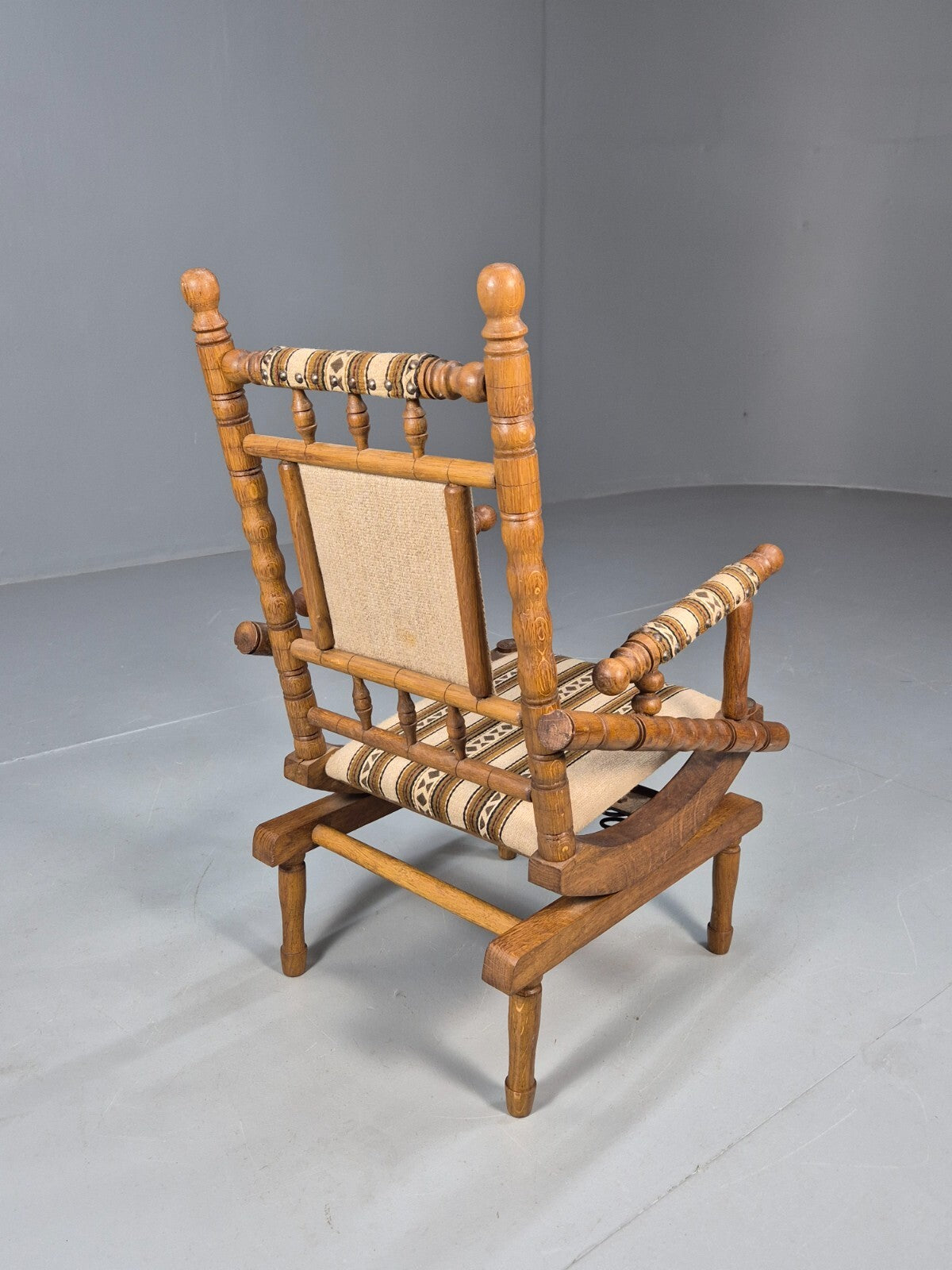 Vintage Childs American Style Rocking Chair Oak and Stripe Wool EB9577 MNOR - UKDK FURNITURE