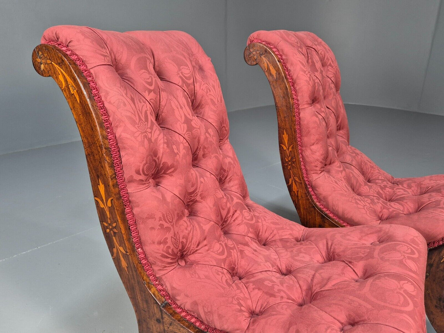2 Vintage Slipper Chairs Pink Cotton Rosewood Inlay Antique EB8874 VCLO - UKDK FURNITURE