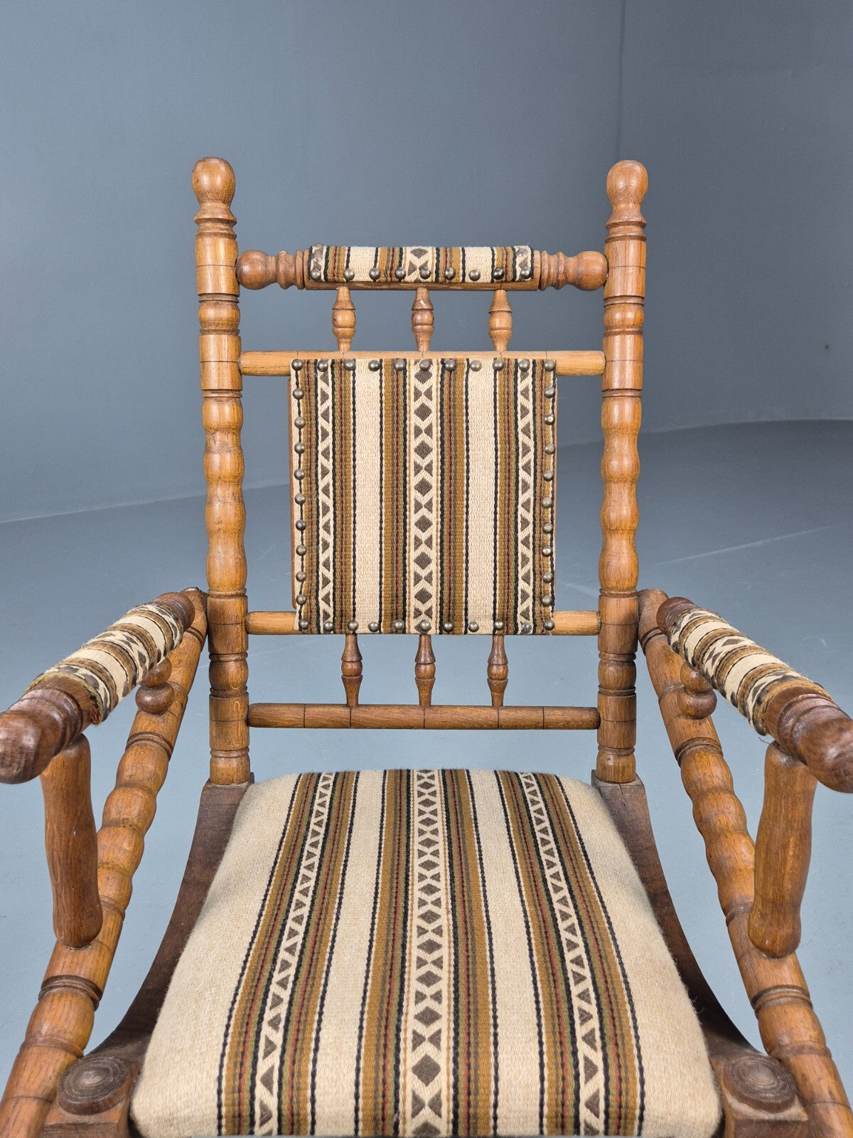 Vintage Childs American Style Rocking Chair Oak and Stripe Wool EB9577 MNOR - UKDK FURNITURE