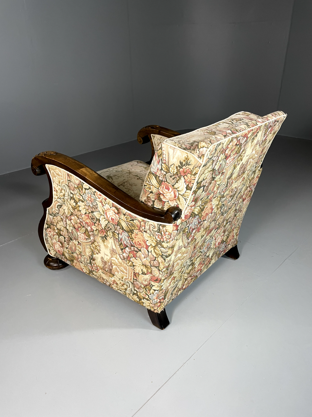 Vintage Danish Lounge Chair, Antique, Floral, Carved Wood Frame, EB2466 VCAR - UKDK FURNITURE