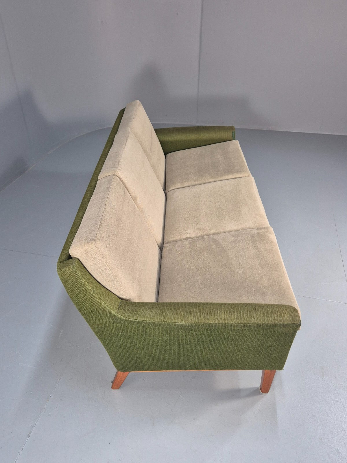Mid Century 3 Seater Sofa Green Cream Fabric Teak Vintage Scandi EB9794 M3SS - UKDK FURNITURE