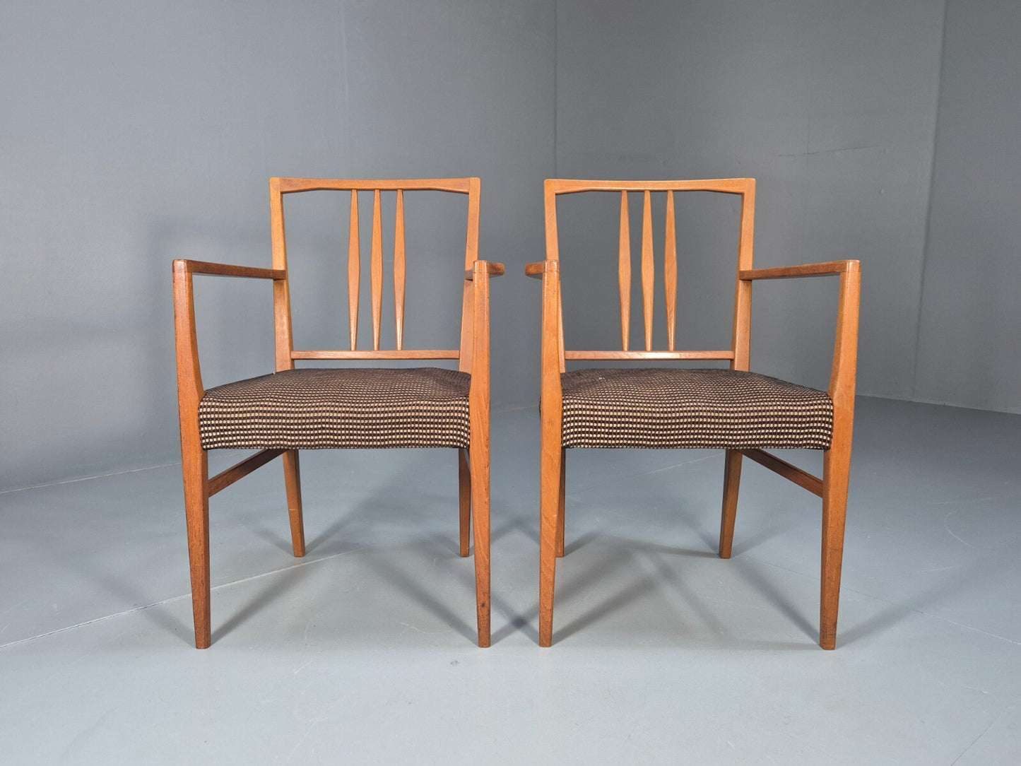 2 Gordon Russell Carver Dining Chairs Teak Green and Cream Wool MCM EB9748 MDIN - UKDK FURNITURE