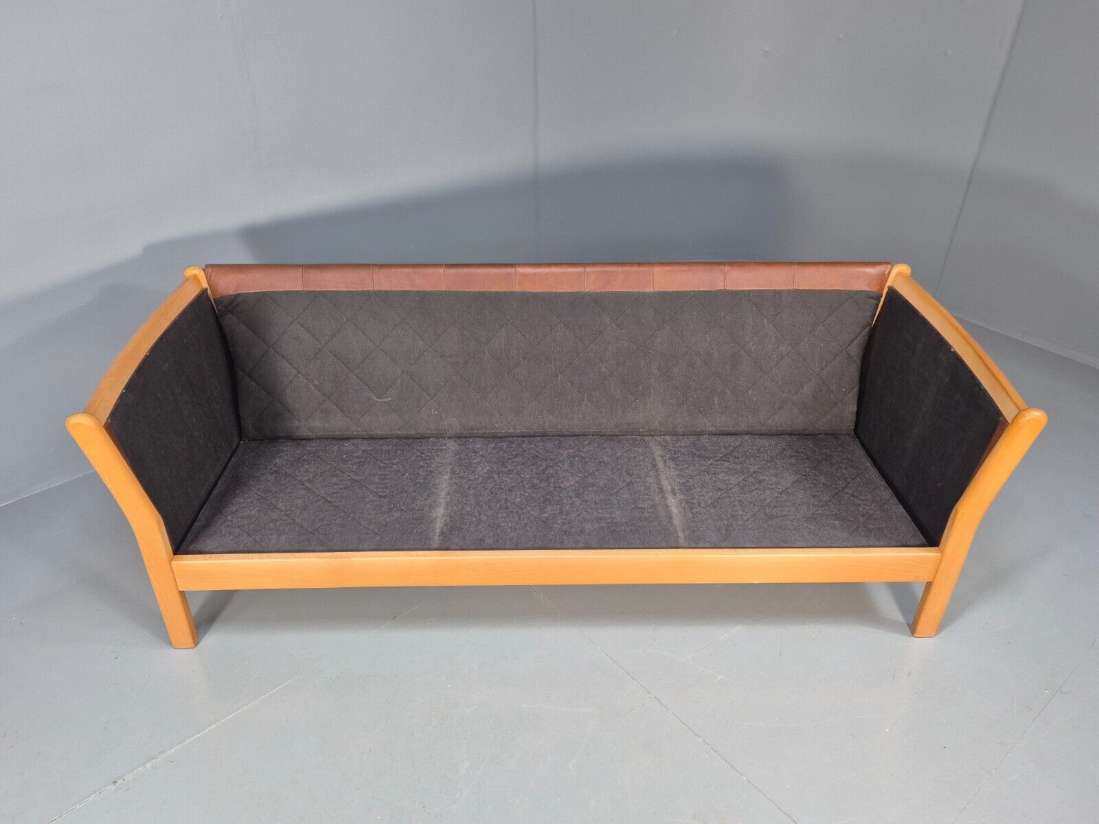 Vintage Danish 3 Seat Sofa Tan Leather Beech Ends Stouby Style MCM EB8751 M3SS - UKDK FURNITURE