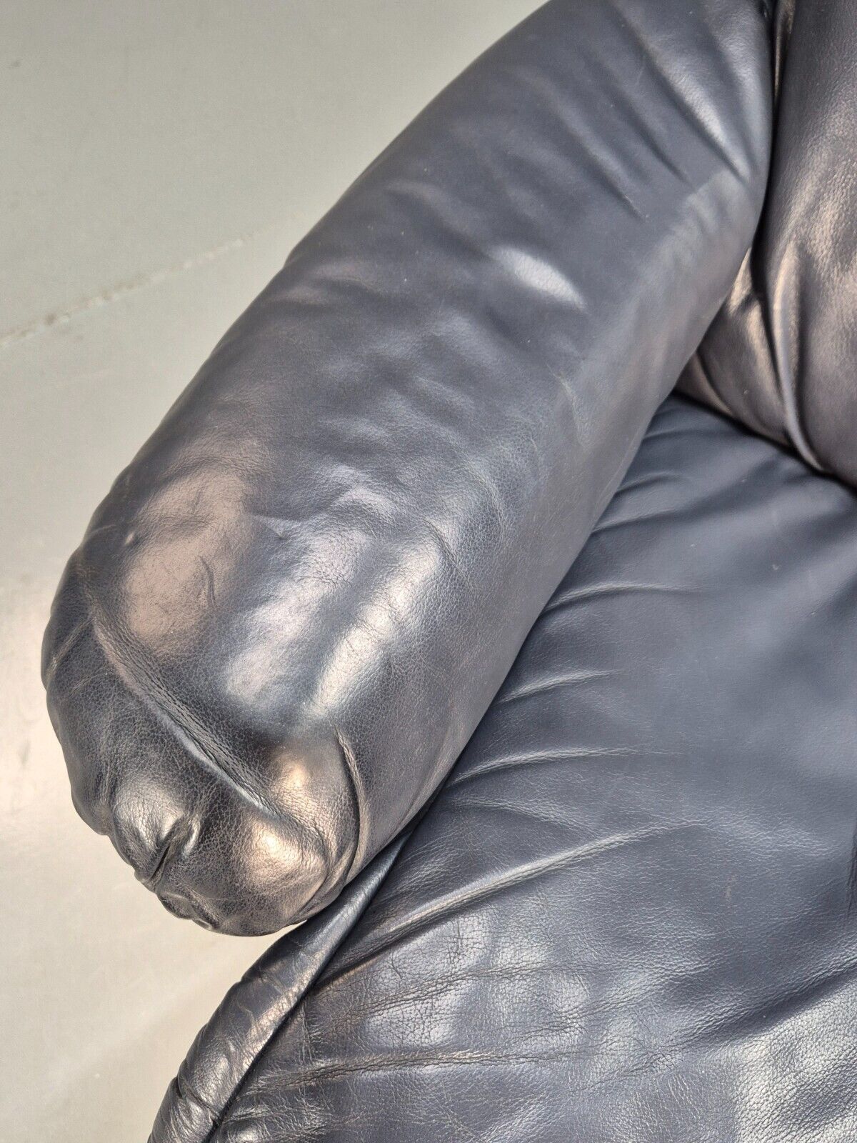Vintage Danish Swivel Chair Blue Grey Leather Reclines 1980s Retro Eb8465 MSWI - UKDK FURNITURE